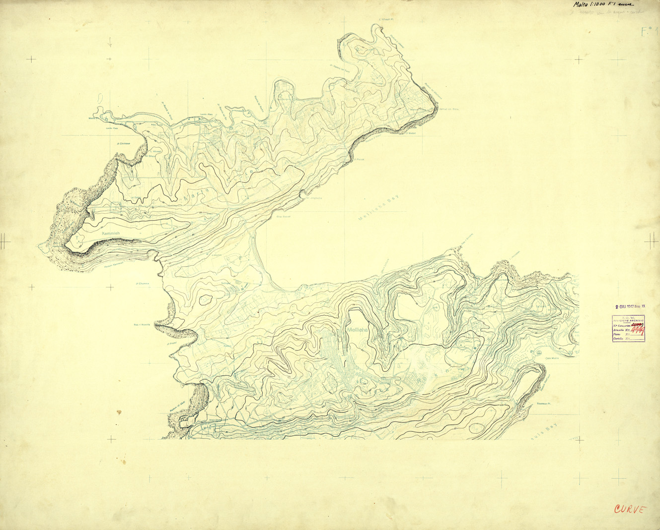 (N:32577) ISOLA DI MALTA - FOGLIO 1 (CURVE). (SE007277) Carte e stampe antiche: riproduzione a colori su carta (formato A1)