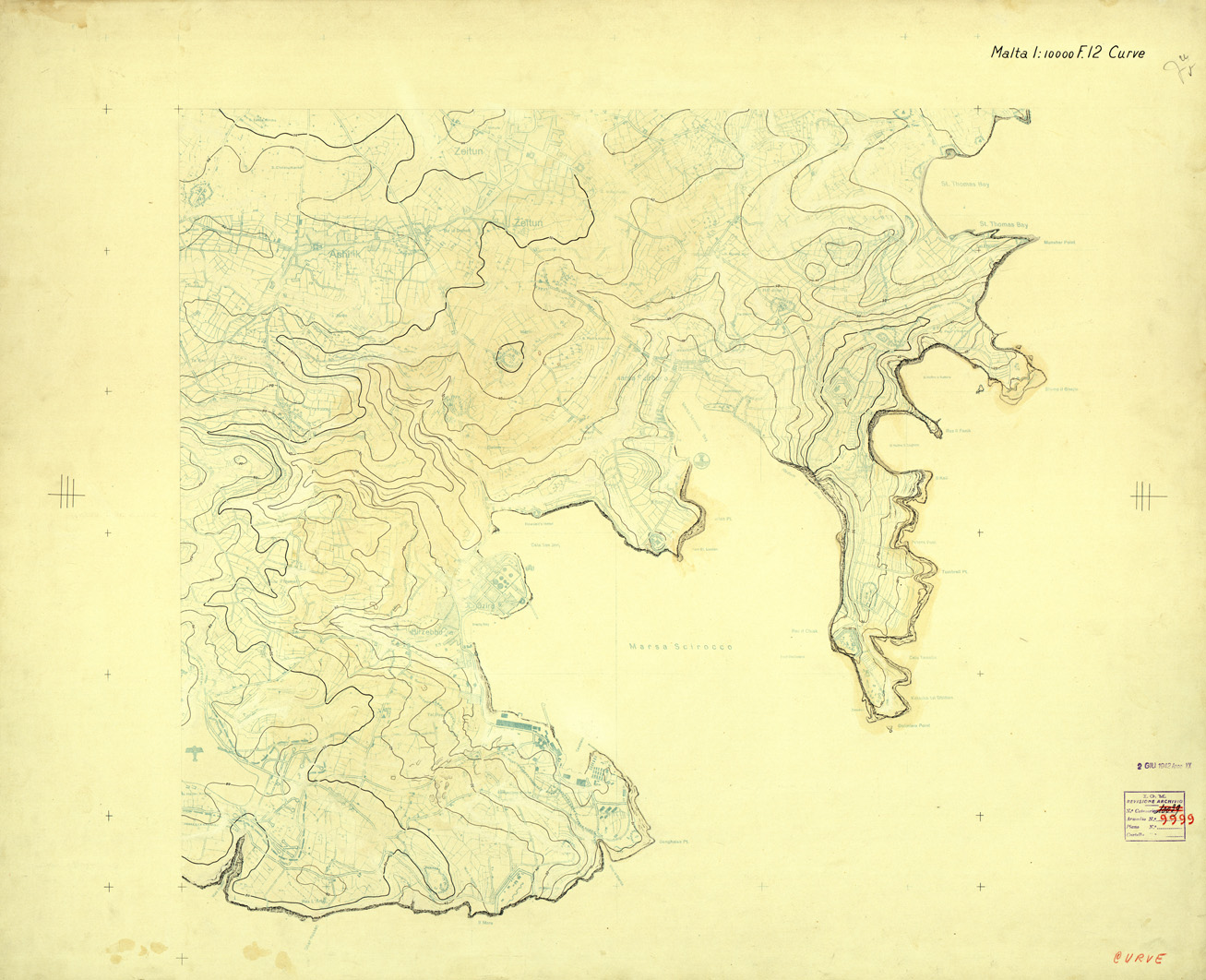 (N:32636) ISOLA DI MALTA - FOGLIO 12 (CURVE). (SE007336) Carte e stampe antiche: riproduzione a colori su carta (formato A1)