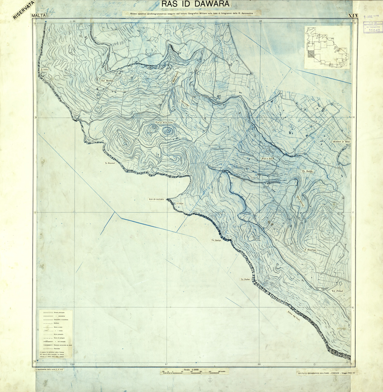(N:32665) MALTA - FOGLIO XIV - RAS ID DAWARA - ORIGINALI - PLANIMETRIA E ACQUE (SE007364) Carte e stampe antiche: riproduzione a colori su carta (formato A1)