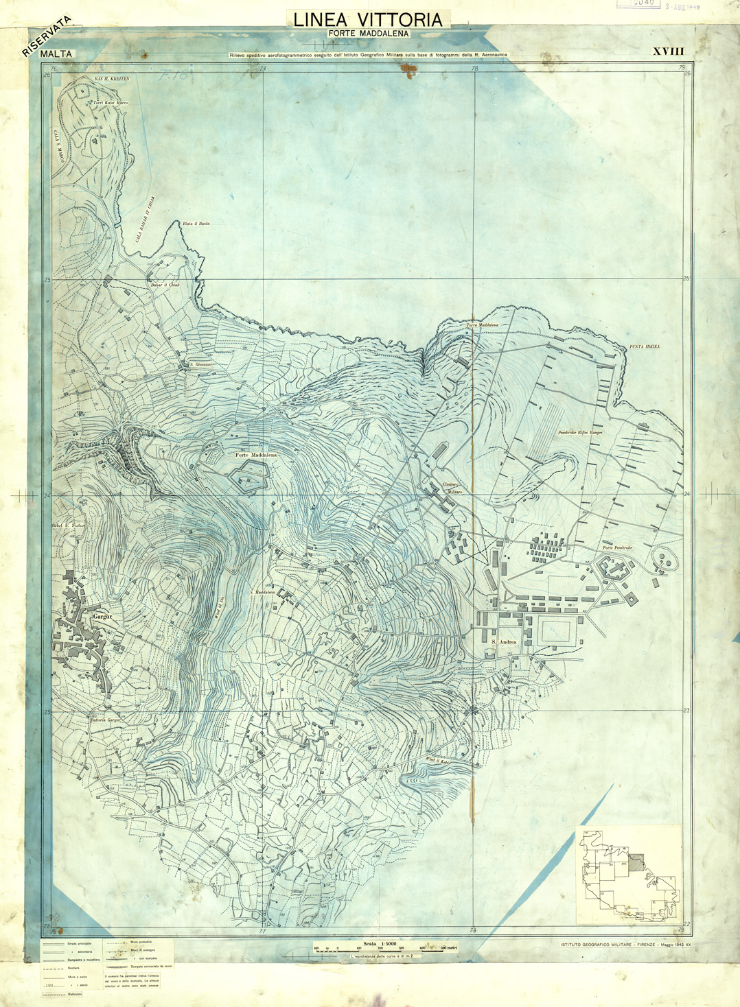 (N:32673) MALTA - FOGLIO XVIII - LINEA VITTORIA FORTE MADDALENA - ORIGINALI - PLANIMETRIA E ACQUE (SE007372) Carte e stampe antiche: riproduzione a colori su carta (formato A1)