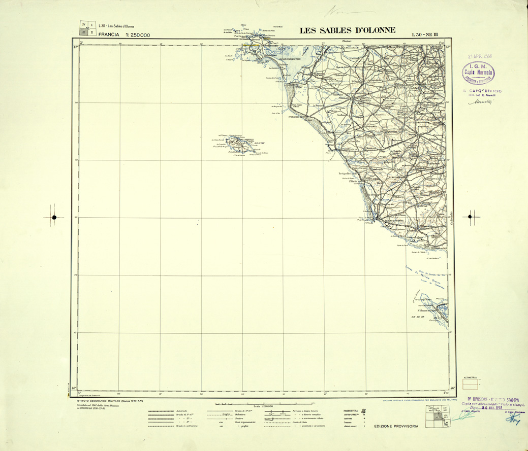 (N:33055) FRANCIA - LES SABLES D'OLONNE SEZ. L30 III N.E. COPIA SENZA TINTE IPSOMETRICHE. (SE007473) Carte e stampe antiche: riproduzione a colori su carta (formato A1)