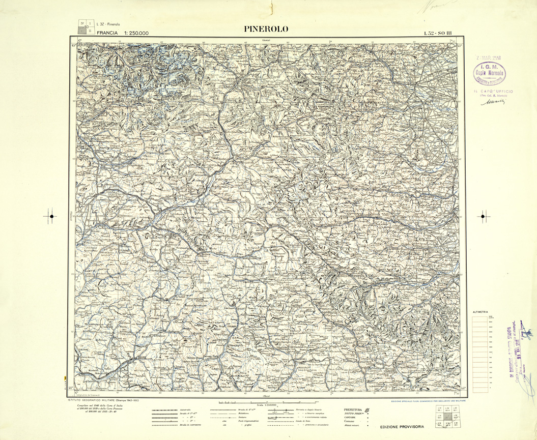 (N:33099) FRANCIA - PINEROLO SEZ. L32 III S.O. COPIA SENZA TINTE IPSOMETRICHE. (SE007502) Carte e stampe antiche: riproduzione a colori su carta (formato A1)