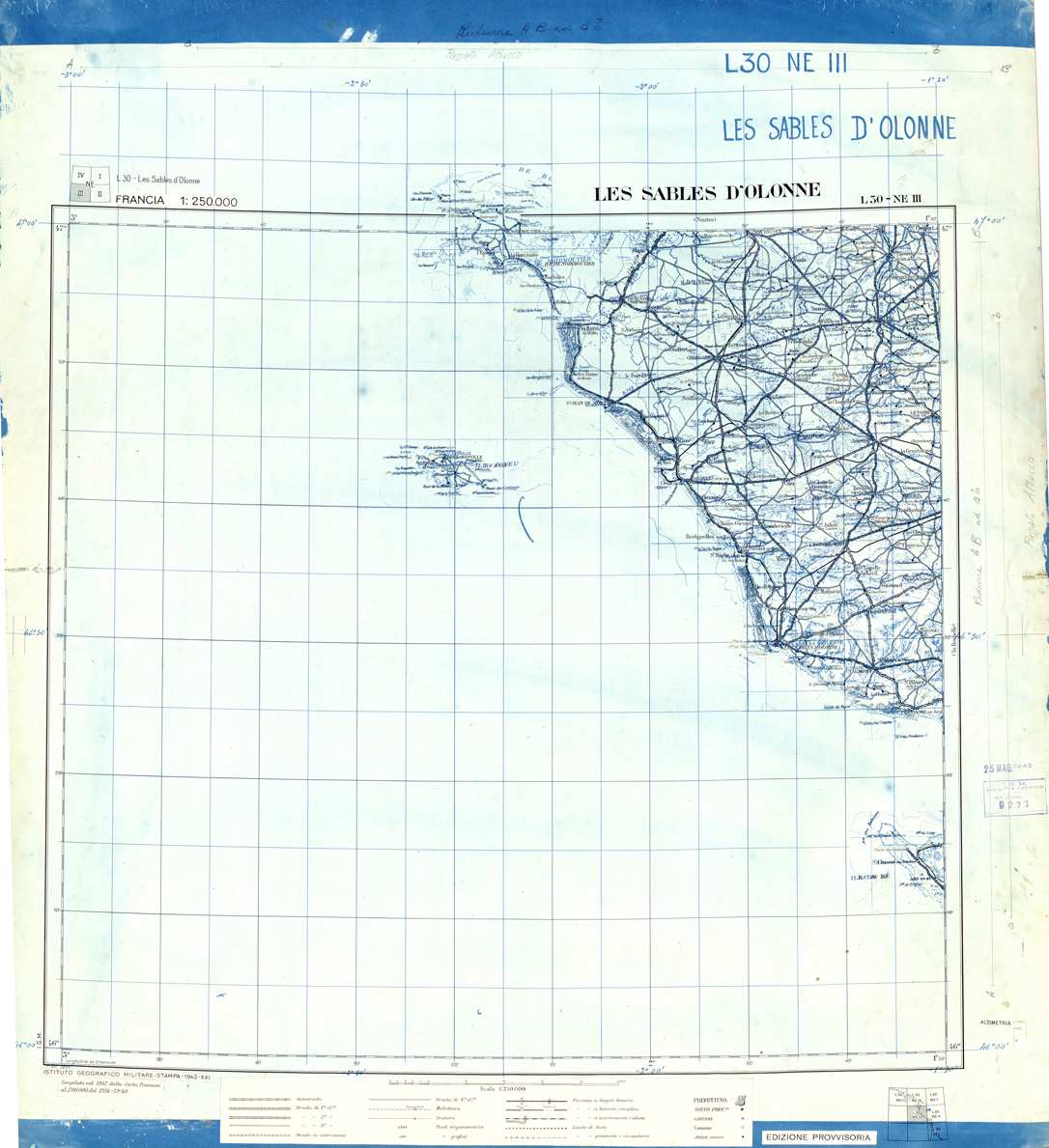 (N:33151) FRANCIA ORIGINALI A TIPI SEPARATI - LES SABLES D'OLONNE SEZ. L30 III N.E. NERO. (SE007526) Carte e stampe antiche: riproduzione a colori su carta (formato A1)