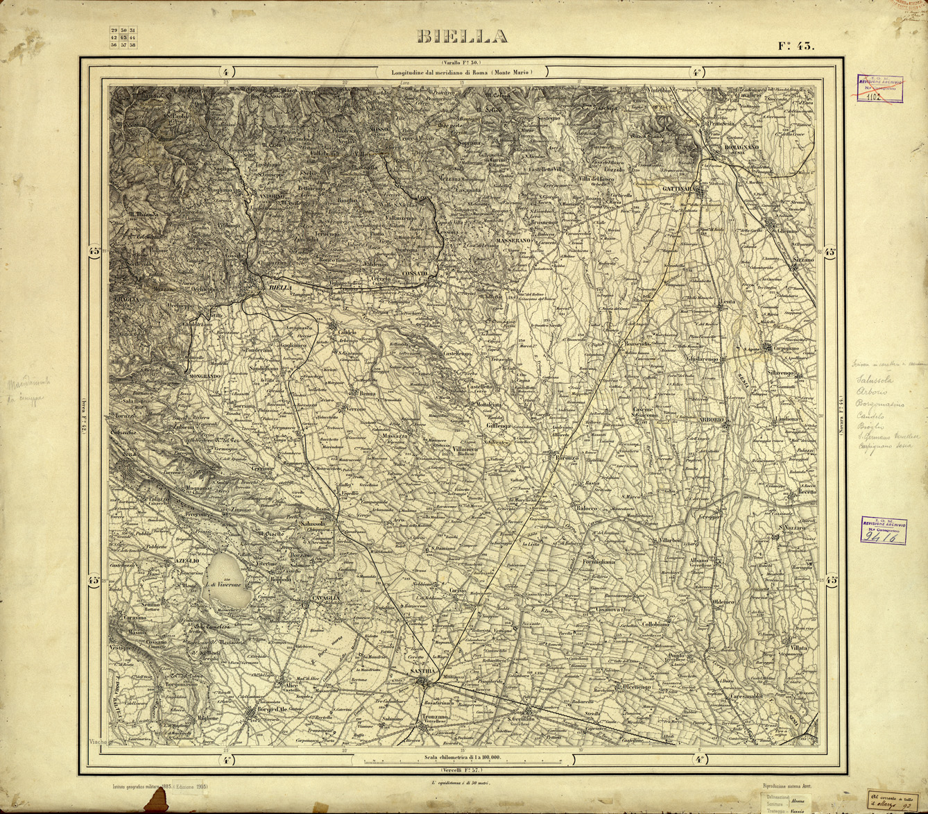 (N:33126) CARTA D'ITALIA FOGLIO 43 BIELLA (SE007722) Carte e stampe antiche: riproduzione a colori su carta (formato A1)