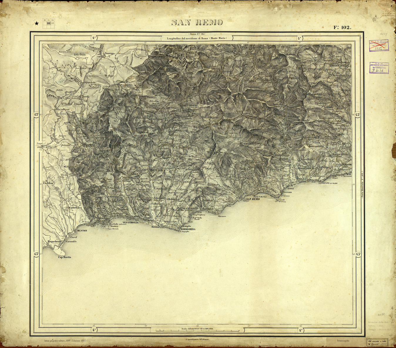 (N:33133) CARTA D'ITALIA FOGLIO 102 SAN REMO (SE007729) Carte e stampe antiche: riproduzione a colori su carta (formato A1)