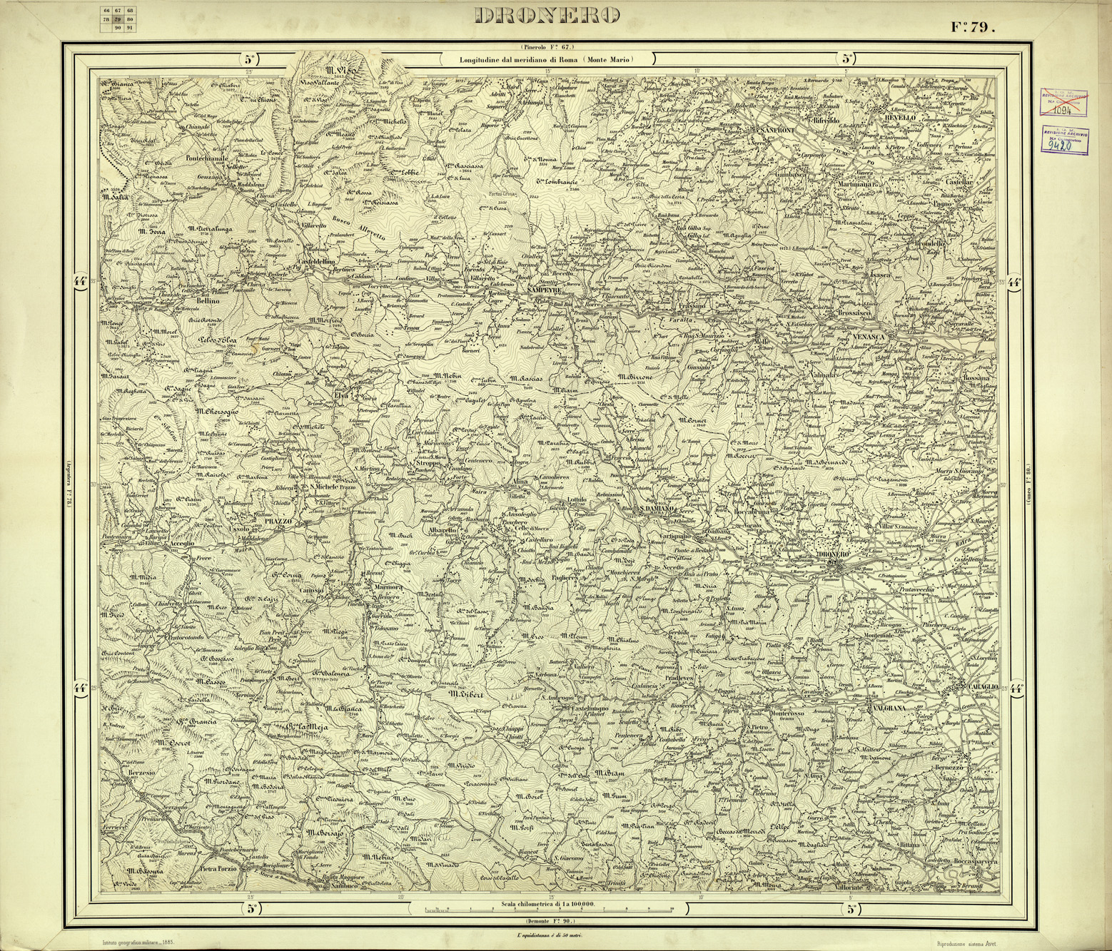 (N:33141) CARTA D'ITALIA FOGLIO 79 DRONERO (SE007736) Carte e stampe antiche: riproduzione a colori su carta (formato A1)