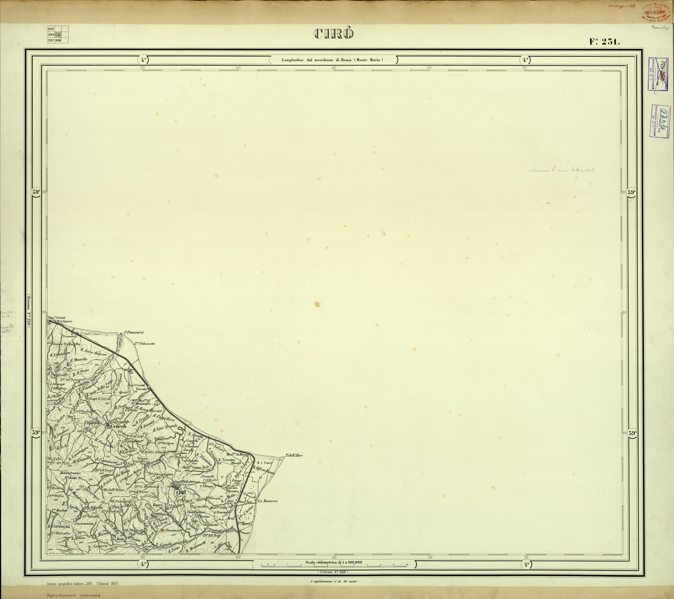 (N:33164) CARTA D'ITALIA FOGLIO 231 CIRO' (SE007744) Carte e stampe antiche: riproduzione a colori su carta (formato A1)