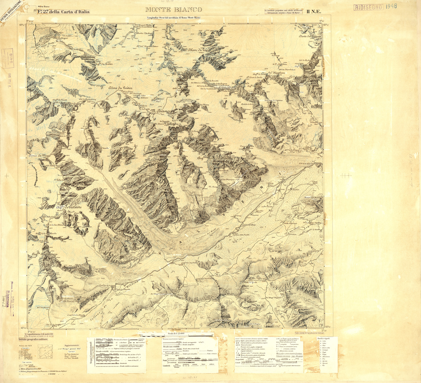 (N:33433) CARTA D'ITALIA FOGLIO 27 II NE MONTE BIANCO - ORIGINALI A COLORI SEPARATI - NERO (SE007768) Carte e stampe antiche: riproduzione a colori su carta (formato A1)