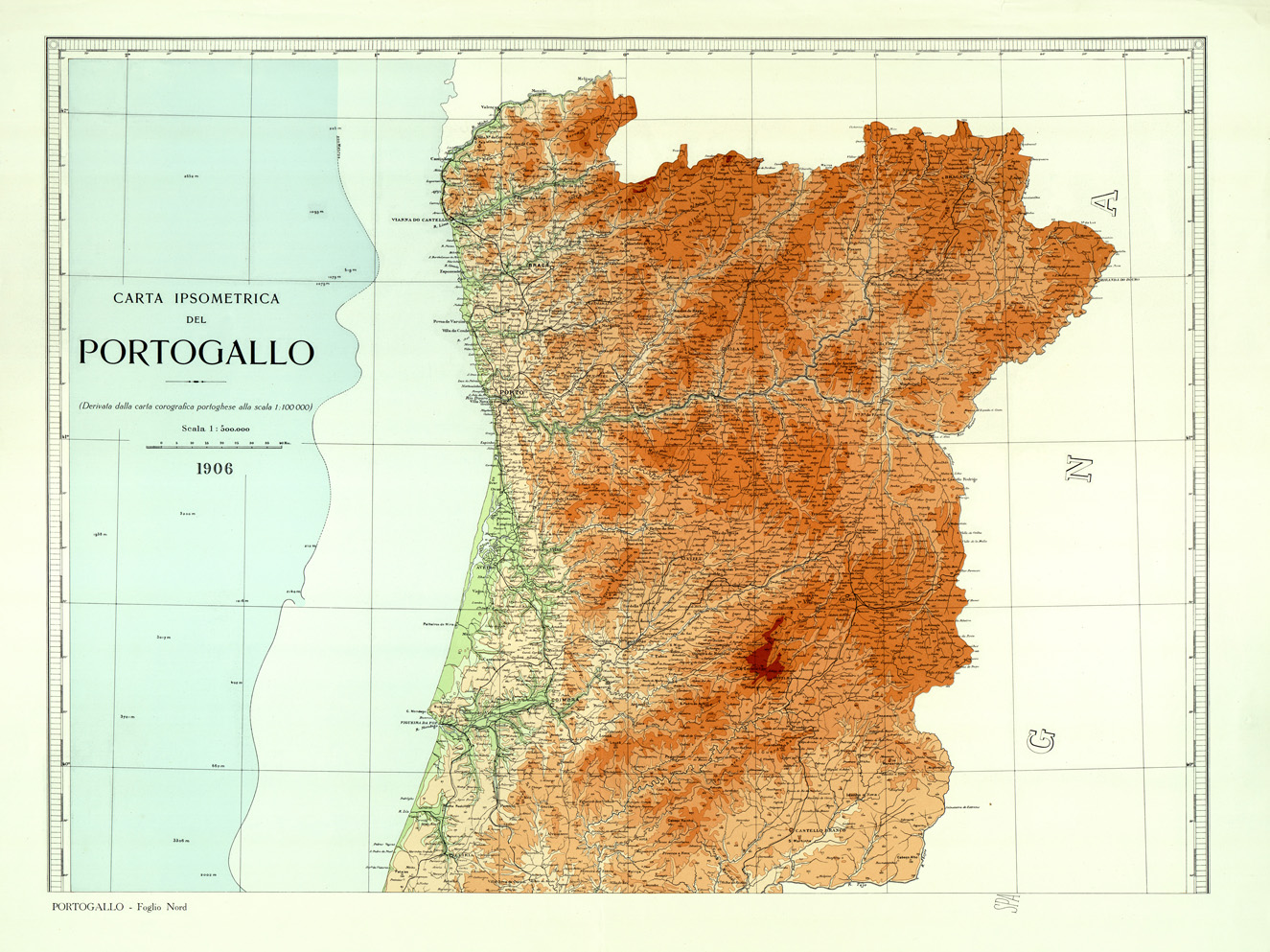 (N:33399) CARTA IPSOMETRICA DEL PORTOGALLO - FOGLIO NORD. (SE007838) Carte e stampe antiche: riproduzione a colori su carta (formato A1)