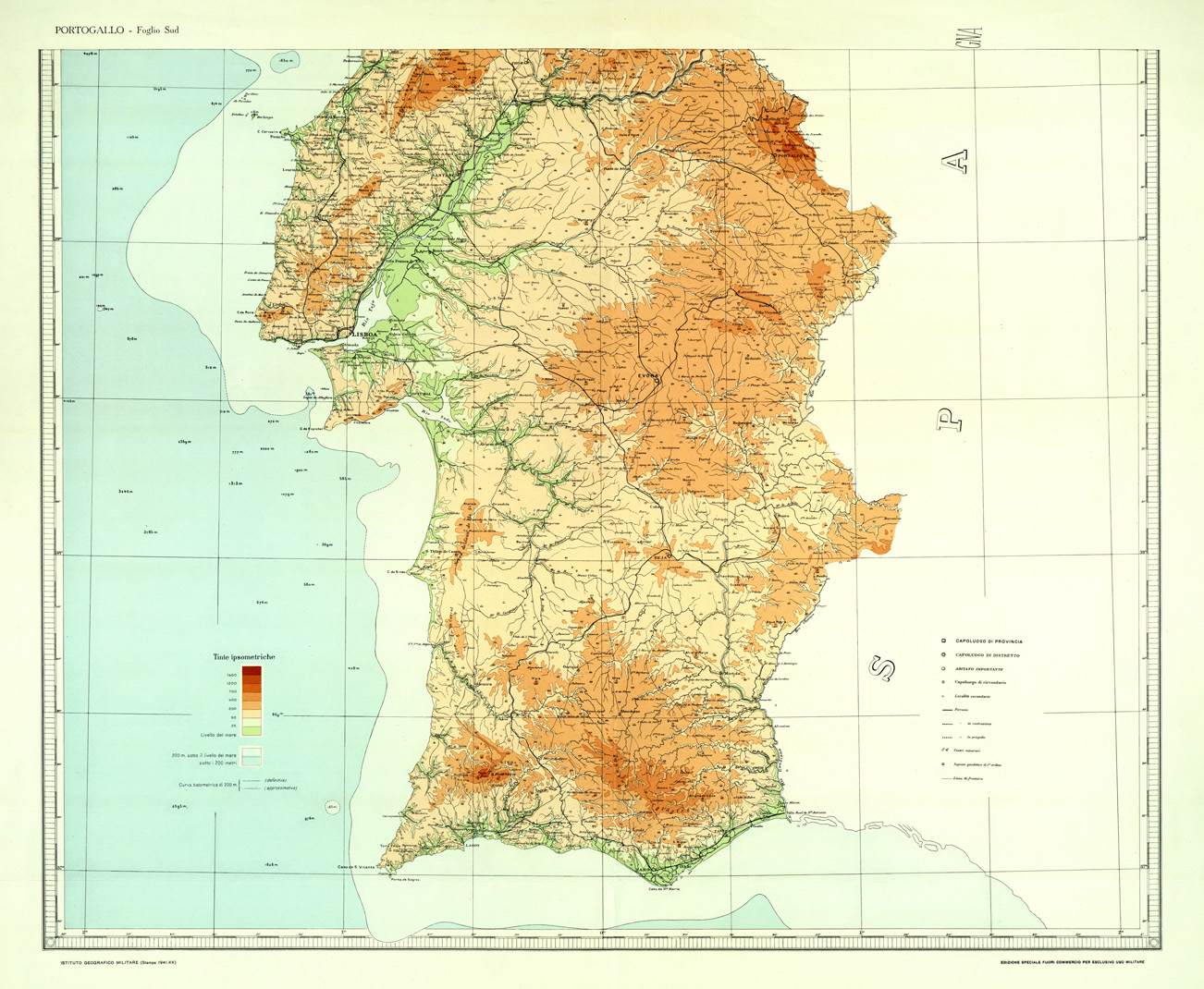 (N:33400) CARTA IPSOMETRICA DEL PORTOGALLO - FOGLIO SUD. (SE007839) Carte e stampe antiche: riproduzione a colori su carta (formato A1)