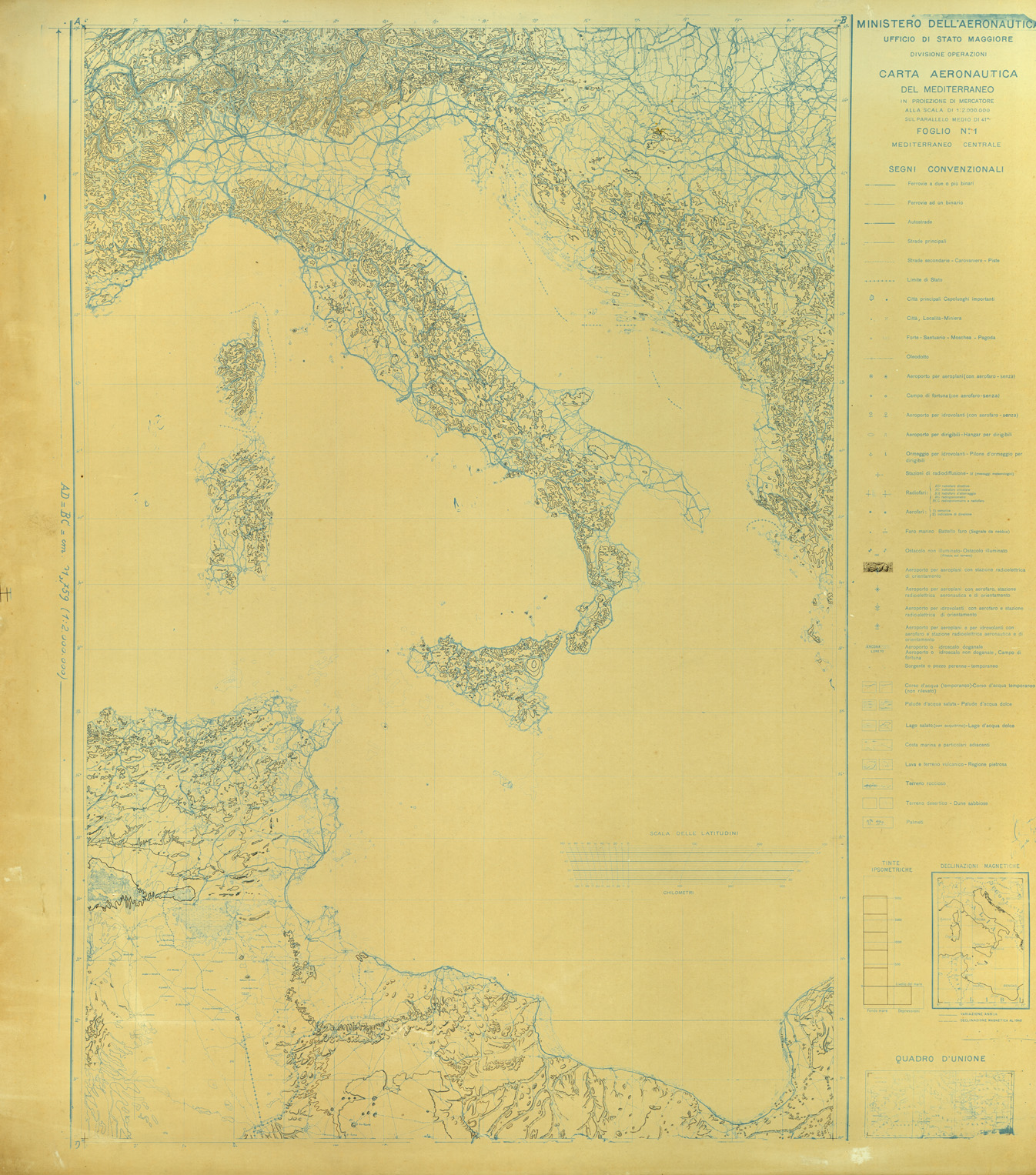 (N:33697) CARTA AERONAUTICA DEL MEDITERRANEO FOGLIO 1 MEDITERRANEO CENTRALE ORIGINALI A COLORI SEPARATI BISTRO (SE008092) Carte e stampe antiche: riproduzione a colori su carta (formato A1)