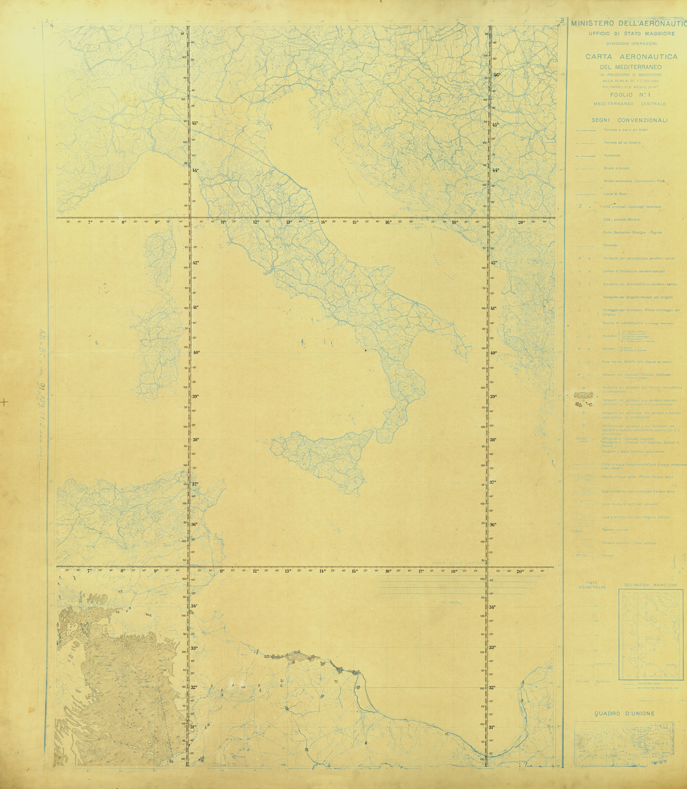 (N:33700) CARTA AERONAUTICA DEL MEDITERRANEO FOGLIO 1 MEDITERRANEO CENTRALE ORIGINALI A COLORI SEPARATI U.T.M. (SE008095) Carte e stampe antiche: riproduzione a colori su carta (formato A1)