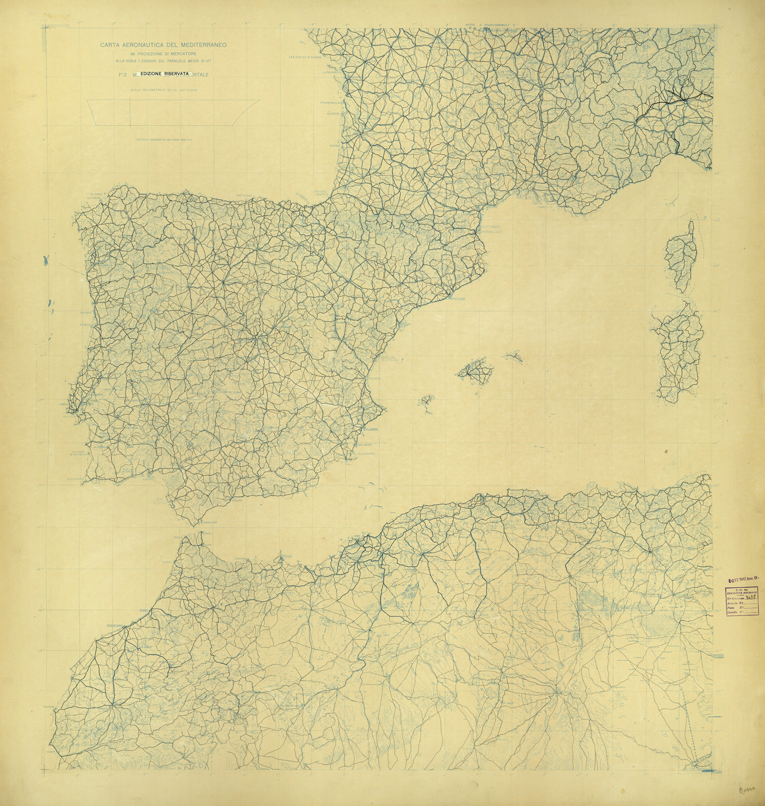 (N:33708) CARTA AERONAUTICA DEL MEDITERRANEO FOGLIO 2 MEDITERRANEO OCCIDENTALE ORIGINALI A COLORI SEPARATI VIABILITA' (SE008108) Carte e stampe antiche: riproduzione a colori su carta (formato A1)