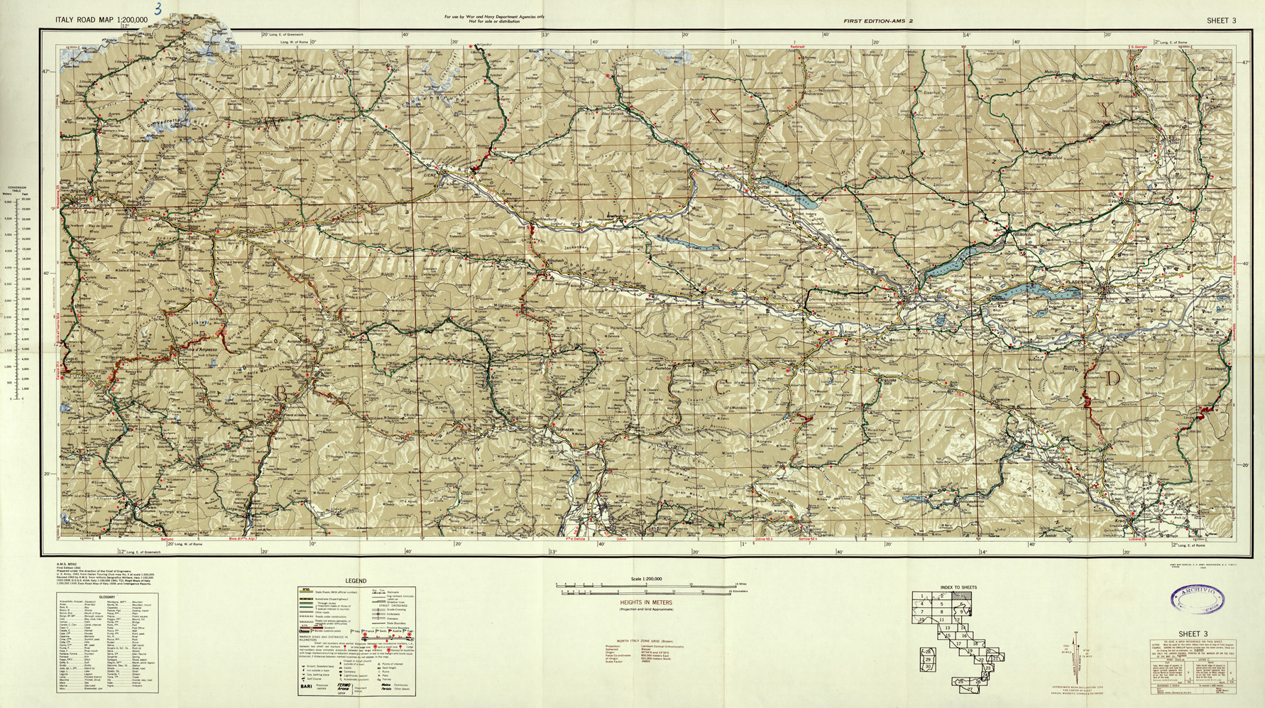 (N:33811) ITALY ROAD MAP - SHEET 3. (SE008130) Carte e stampe antiche: riproduzione a colori su carta (formato A1)