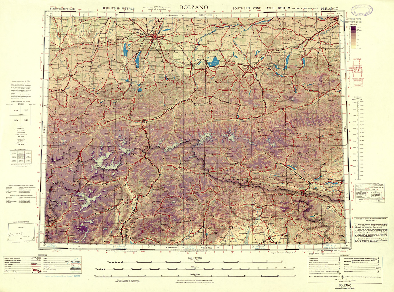 (N:33810) EUROPA CARTA AERONAUTICA INGLESE FOGLIO N E 46/10 BOLZANO 
 (SE008209) Carte e stampe antiche: riproduzione a colori su carta (formato A1)