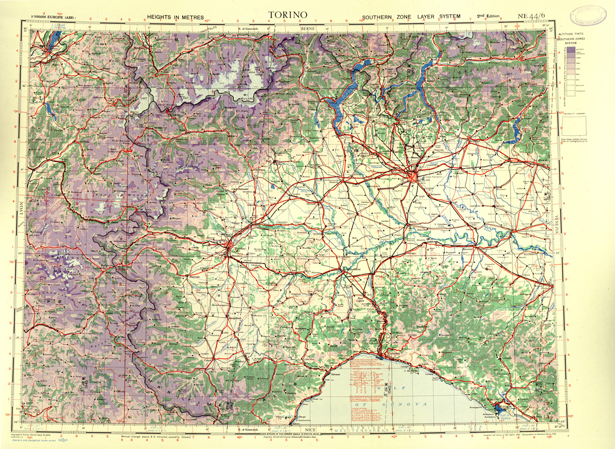 (N:33830) EUROPA CARTA AERONAUTICA INGLESE FOGLIO N E 44/6 TORINO 
 (SE008211) Carte e stampe antiche: riproduzione a colori su carta (formato A1)
