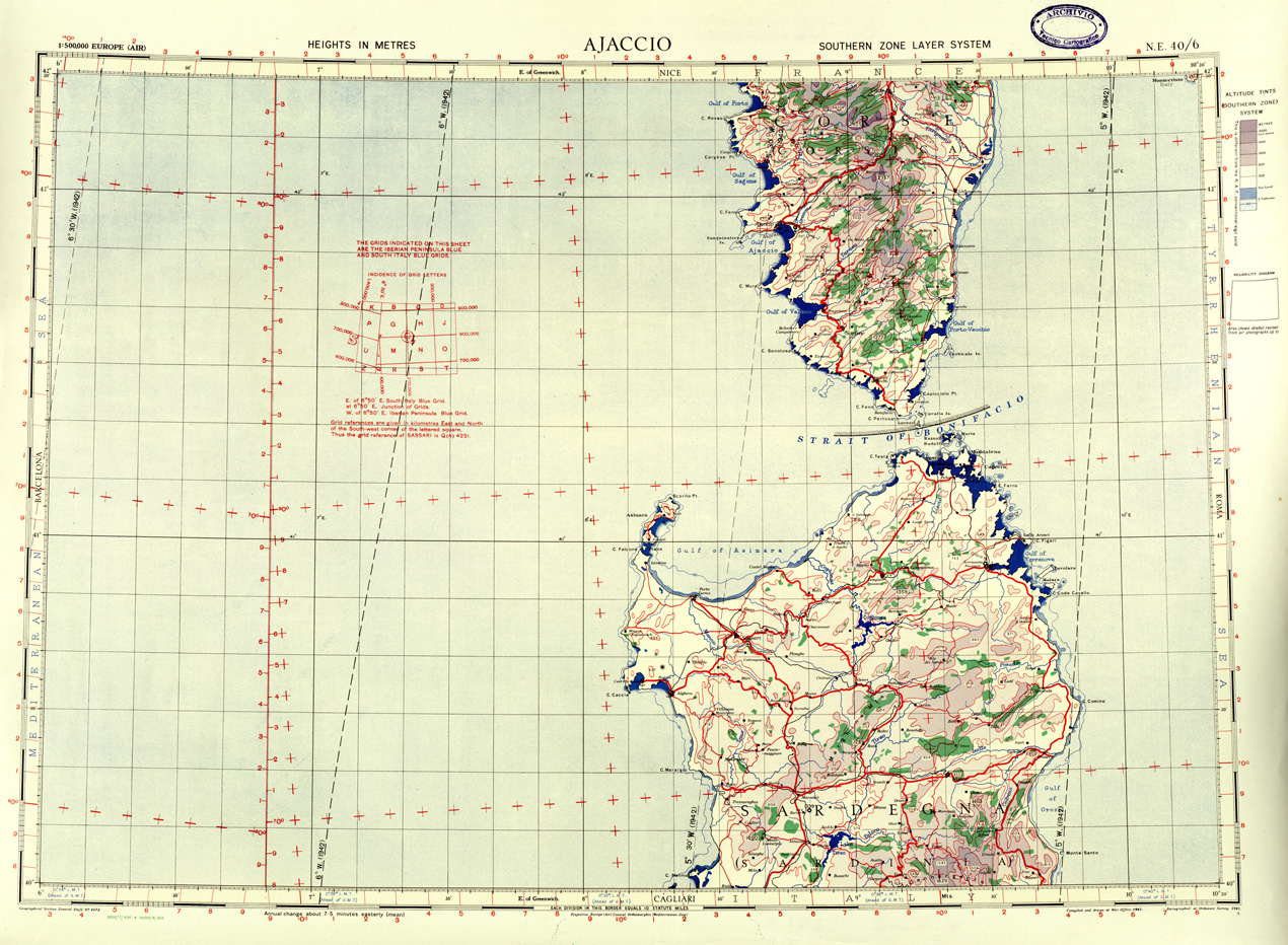 (N:33838) EUROPA CARTA AERONAUTICA INGLESE FOGLIO N E 40/6 AJACCIO 
 (SE008217) Carte e stampe antiche: riproduzione a colori su carta (formato A1)