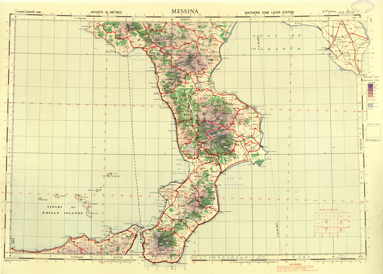 (N:33842) EUROPA CARTA AERONAUTICA INGLESE FOGLIO N E 38/14  MESSINA
 (SE008221) Carte e stampe antiche: riproduzione a colori su carta (formato A1)