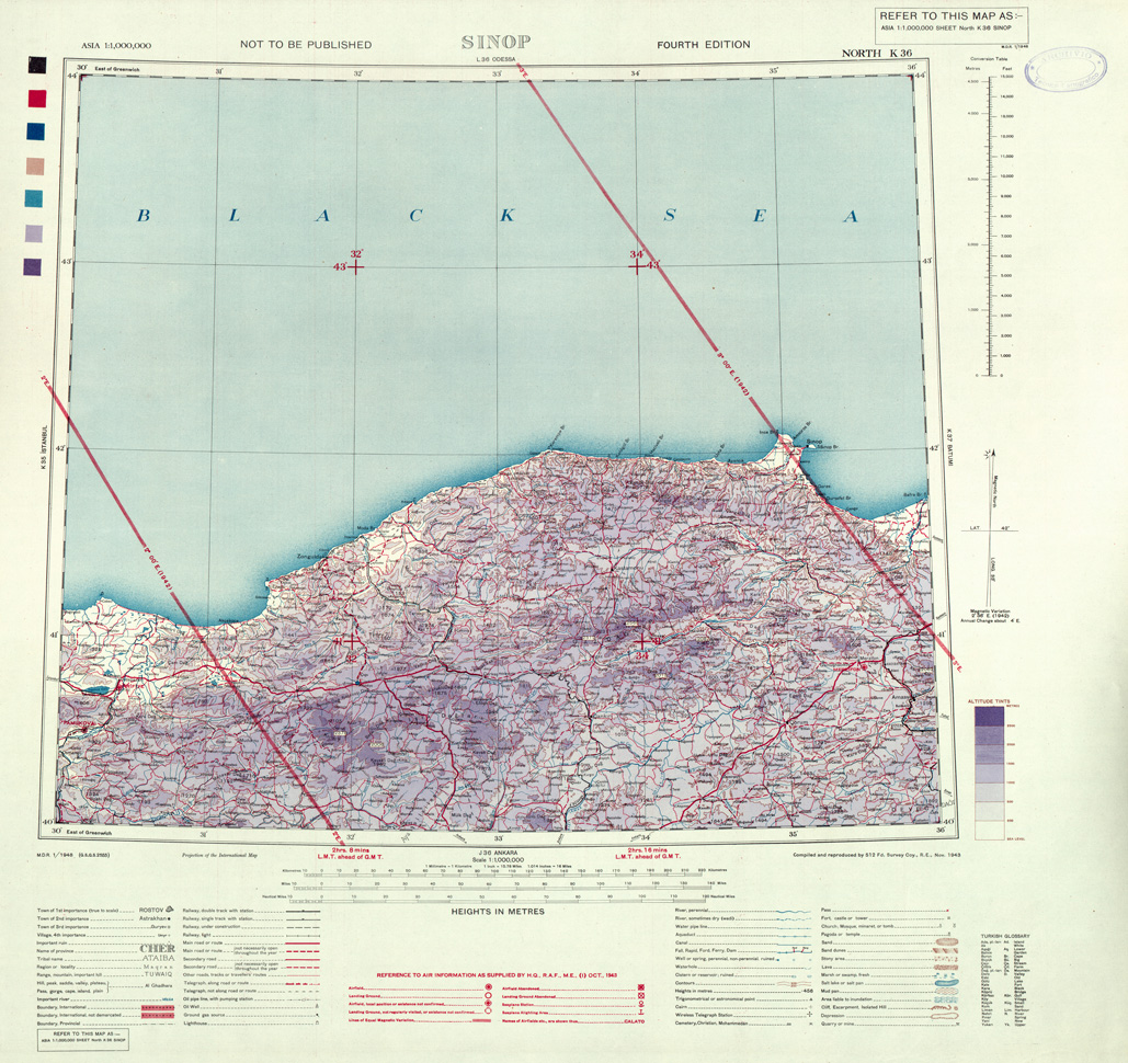 (N:33931) ASIA CARTA AERONAUTICA INGLESE FOGLIO NORTH K 36 SINOP
 (SE008245) Carte e stampe antiche: riproduzione a colori su carta (formato A1)