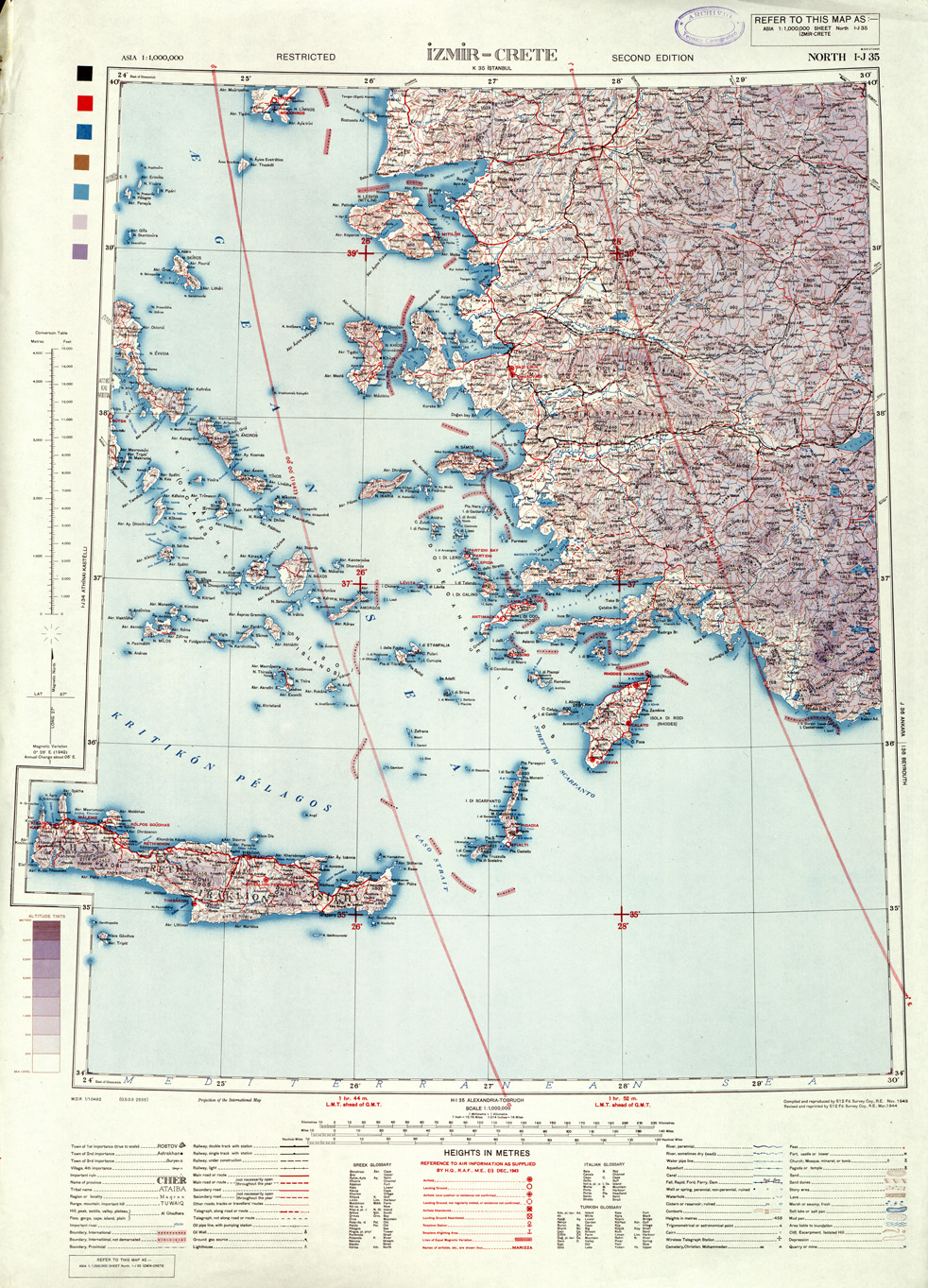 (N:33940) ASIA CARTA AERONAUTICA INGLESE FOGLIO NORTH  I J 35  IZMIR CRETE (SE008250) Carte e stampe antiche: riproduzione a colori su carta (formato A1)