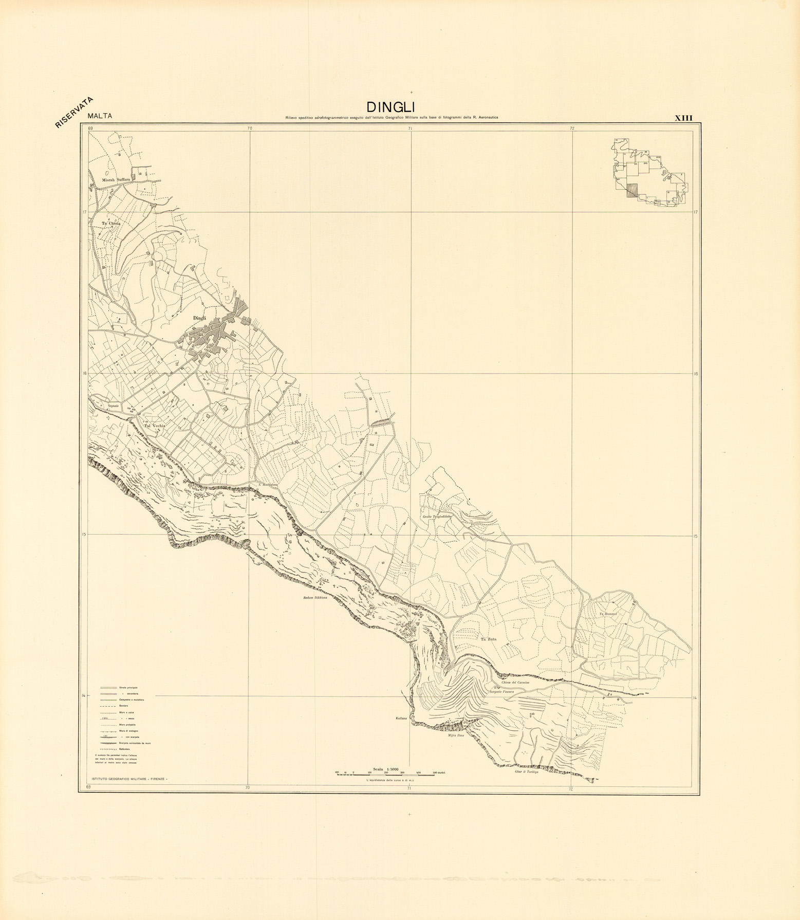 (N:34154) MALTA - FOGLIO XIII - DINGLI - COPIE DI PROVA - PLANIMETRIA E ACQUE (SE008314) Carte e stampe antiche: riproduzione a colori su carta (formato A1)