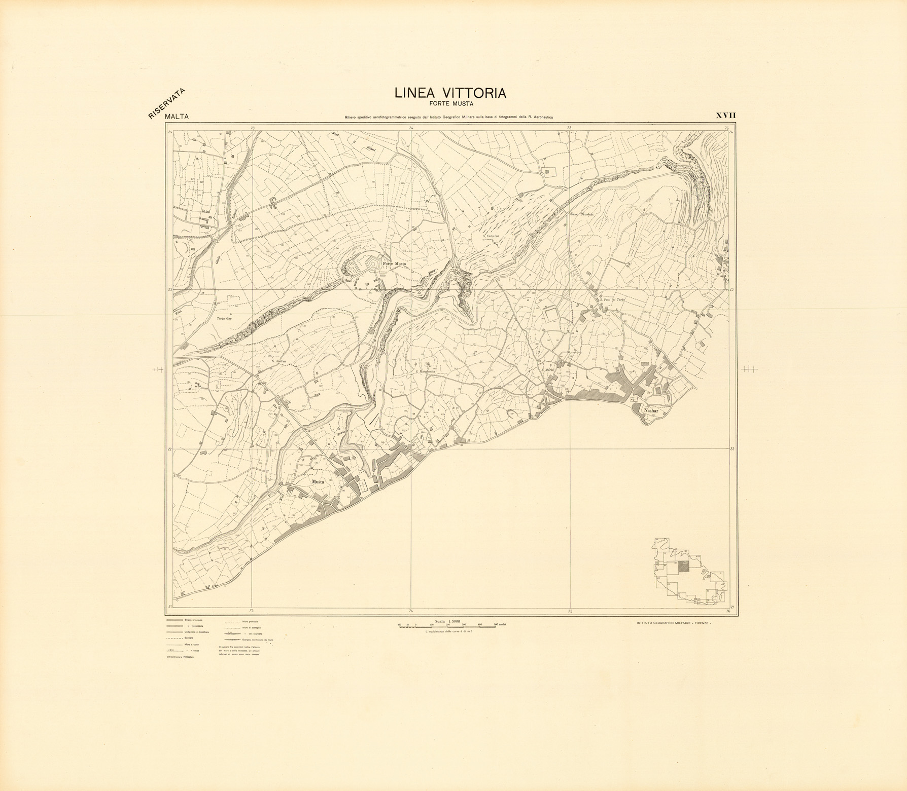 (N:34159) MALTA - FOGLIO XVII - LINEA VITTORIA FORTE MUSTA - COPIE DI PROVA - PLANIMETRIA E ACQUE (SE008318) Carte e stampe antiche: riproduzione a colori su carta (formato A1)