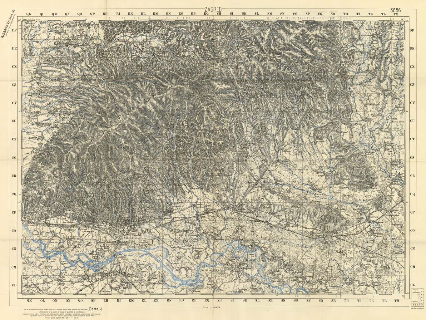 (N:34104) FRONTIERA ORIENTALE SERIE JQ  FOGLIO 5656 ZAGREB (SE008501) Carte e stampe antiche: riproduzione a colori su carta (formato A1)