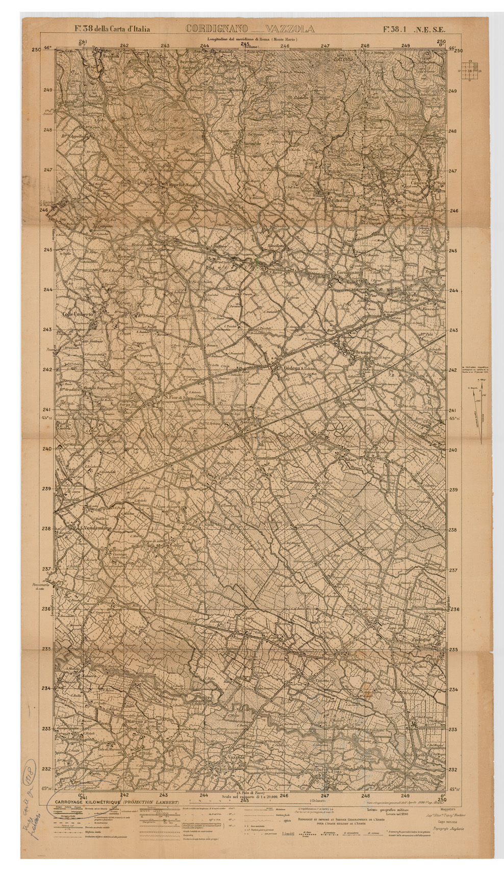 (N:34891) CARTA D'ITALIA FOGLIO 38.1 N E-S E CORDIGNANO VAZZOLA (SE008607) Carte e stampe antiche: riproduzione a colori su carta (formato A1)