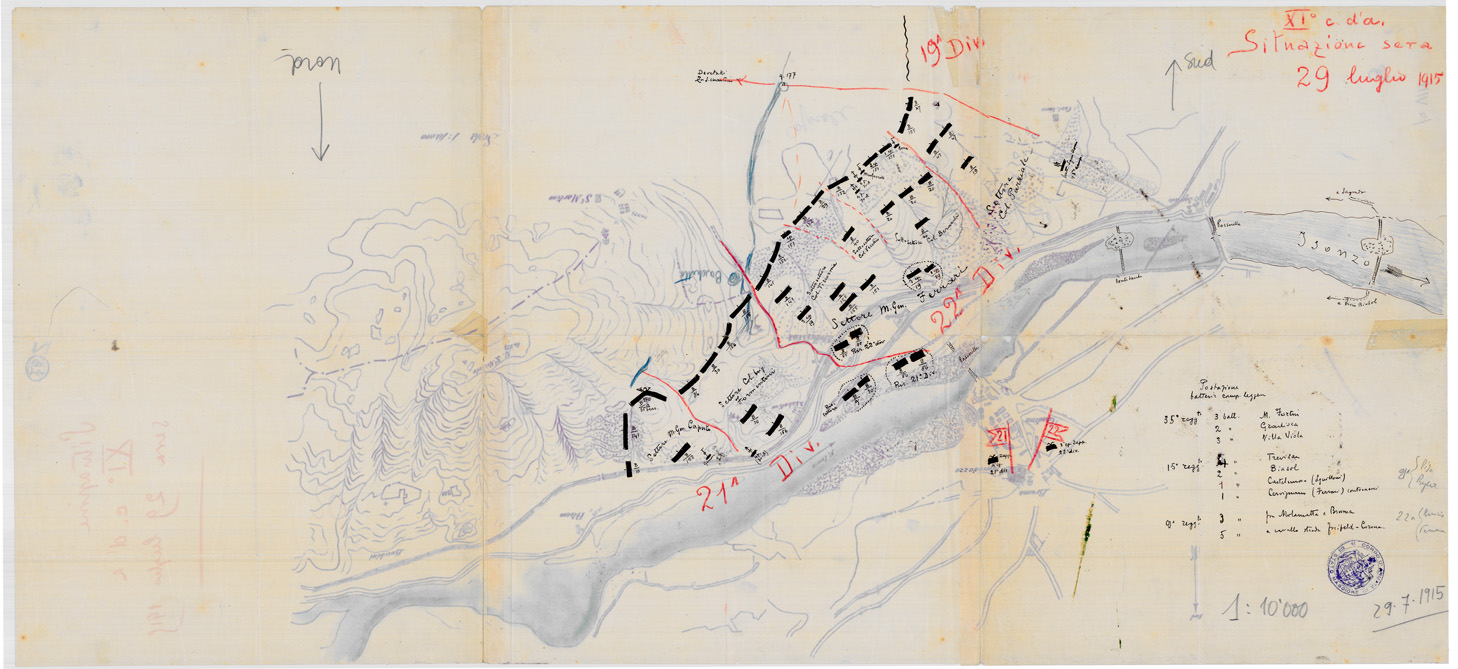 (N:34906) SCHIZZO DIMOSTRATIVO DISPIEGAMENTO DIVISIONI LUNGO IL FIUME ISONZO (SE008623) Carte e stampe antiche: riproduzione a colori su carta (formato A1)