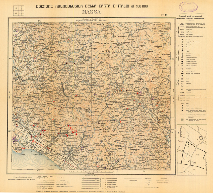(N:35516) EDIZIONE ARCHEOLOGICA DELLA CARTA D'ITALIA FOGLIO 096 MASSA (SE008761) Carte e stampe antiche: riproduzione a colori su carta (formato A1)
