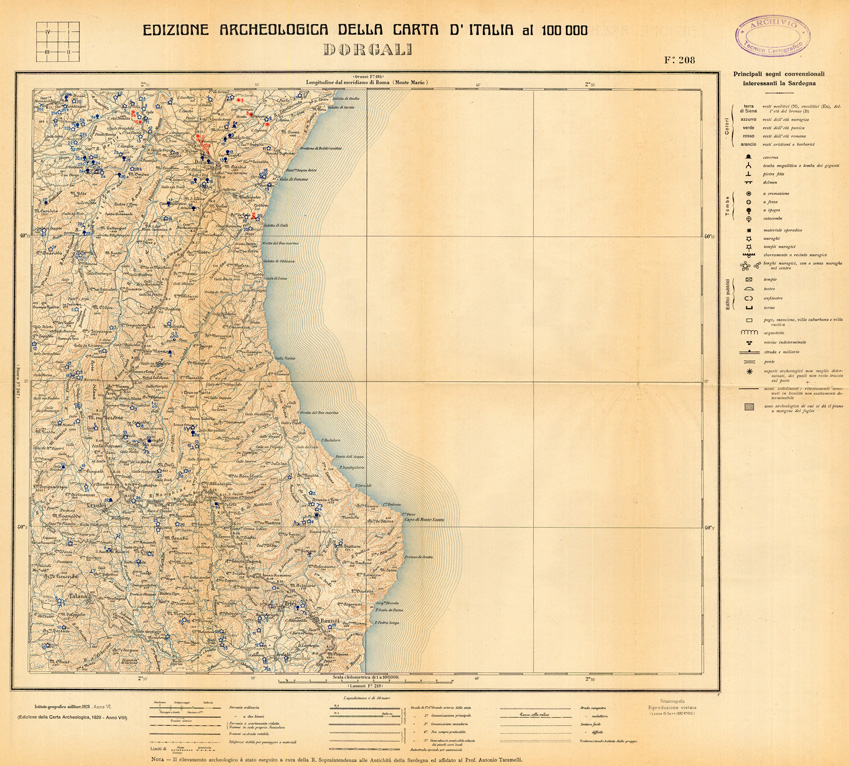 (N:35547) EDIZIONE ARCHEOLOGICA DELLA CARTA D'ITALIA FOGLIO 208 DORGALI (SE008792) Carte e stampe antiche: riproduzione a colori su carta (formato A1)