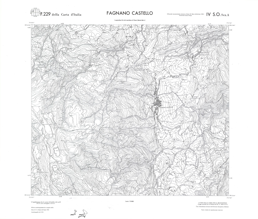 (N:36065) CALABRIA  FOGLIO 229 IV SO SEZ A FAGNANO CASTELLO (SE008886) Carte e stampe antiche: riproduzione a colori su carta (formato A1)