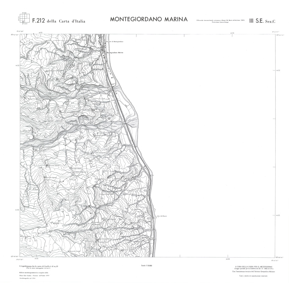 (N:36237) CALABRIA  FOGLIO 212 III SE SEZ C MONTEGIORDANO MARINA (SE009056) Carte e stampe antiche: riproduzione a colori su carta (formato A1)