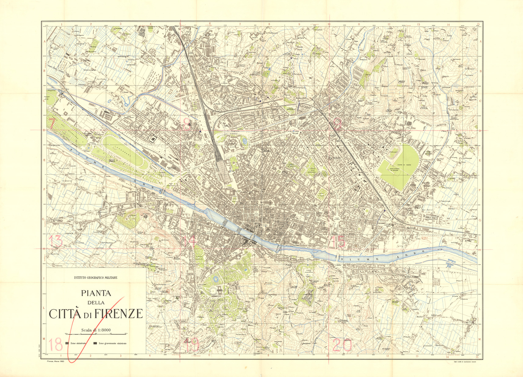 (N:35382) PIANTA DELLA CITTA' DI FIRENZE - EDIZIONE 1950 (SE009483, SE009484, SE009485, SE007104) Carte e stampe antiche: riproduzione a colori su carta (formato A1)