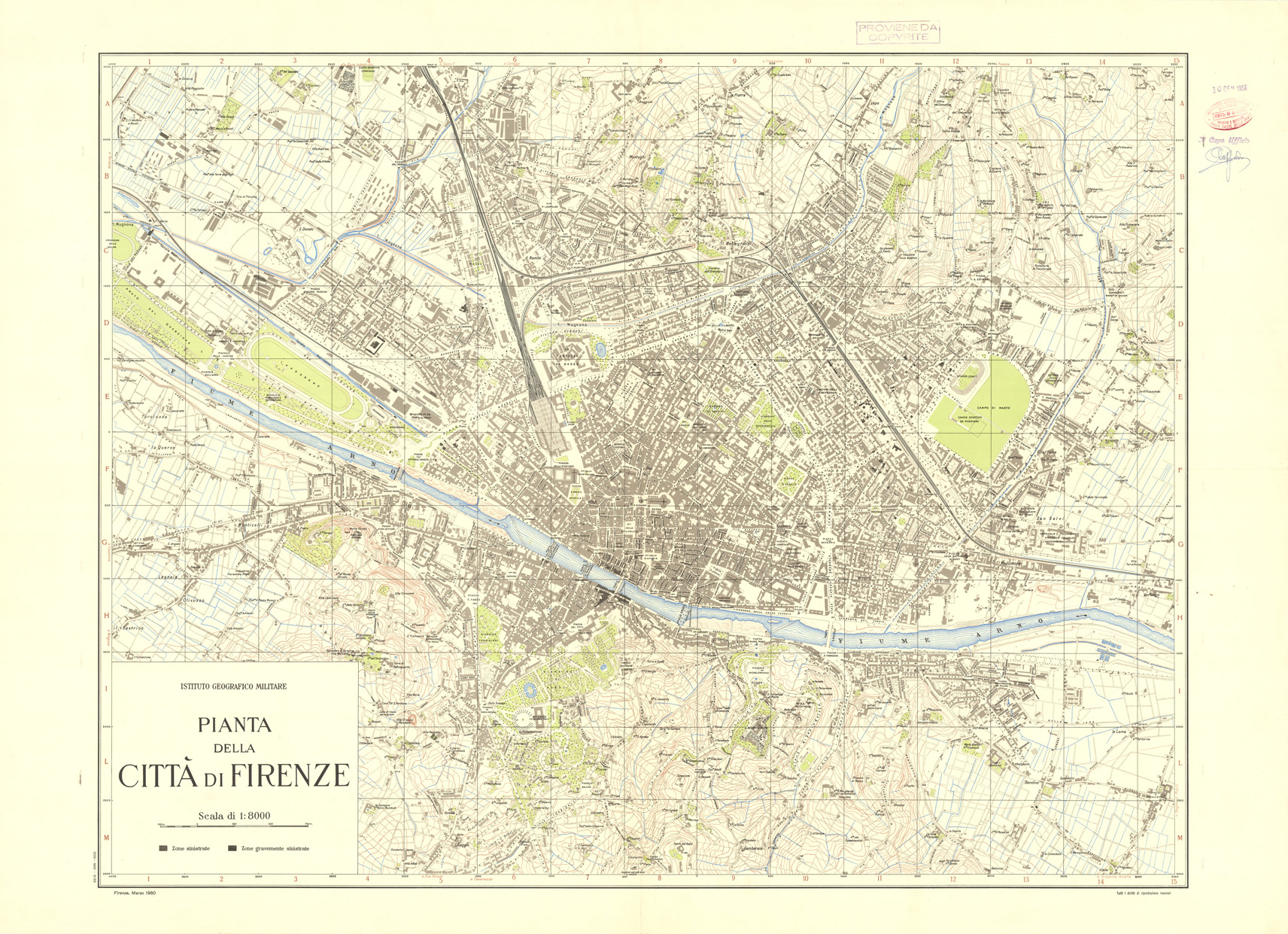 (N:35382) PIANTA DELLA CITTA' DI FIRENZE - EDIZIONE 1950 (SE009483, SE009484, SE009485, SE007104) Carte e stampe antiche: riproduzione a colori su carta (formato A1)
