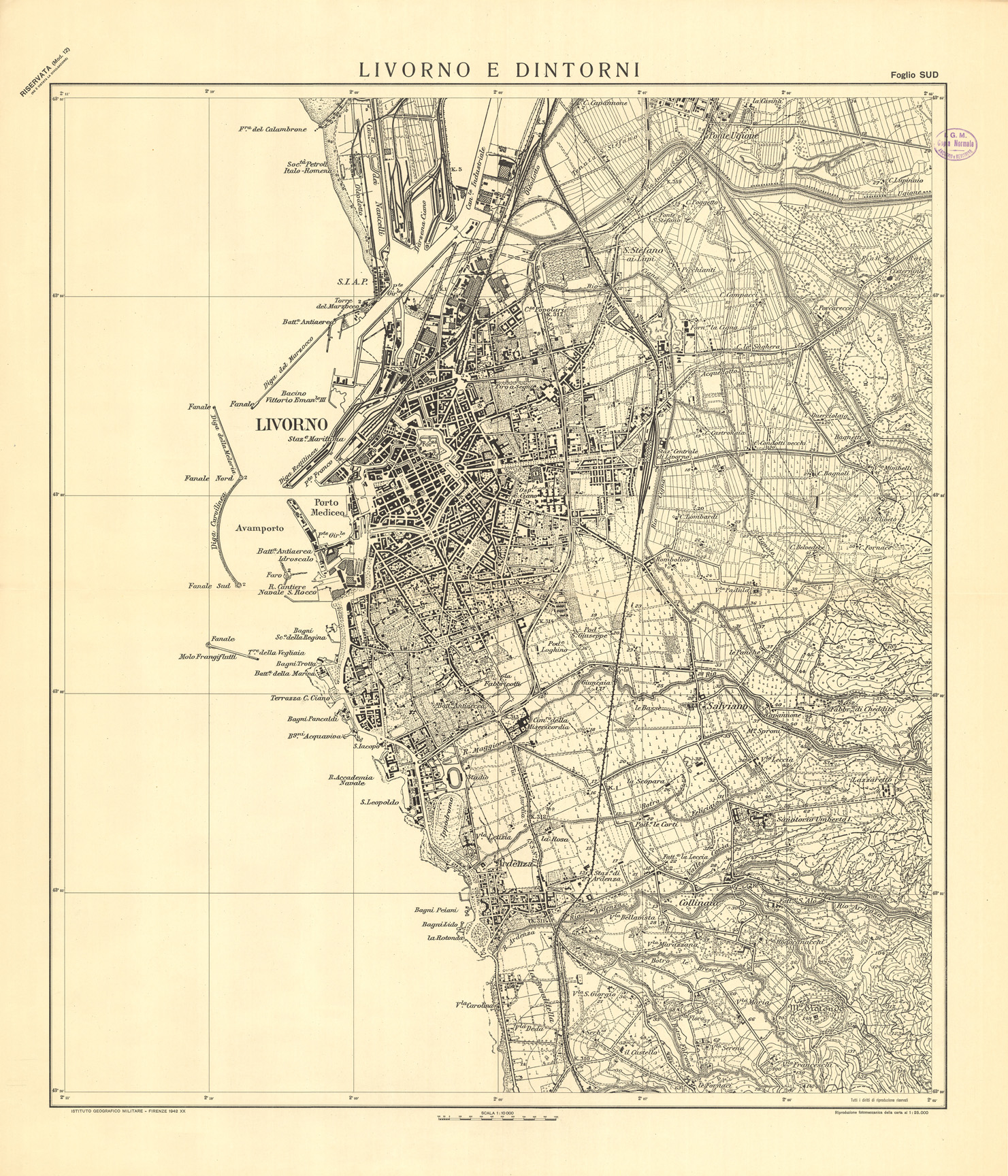 (N:36356) LIVORNO E DINTORNI - FOGLIO SUD (SE009514) Carte e stampe antiche: riproduzione a colori su carta (formato A1)