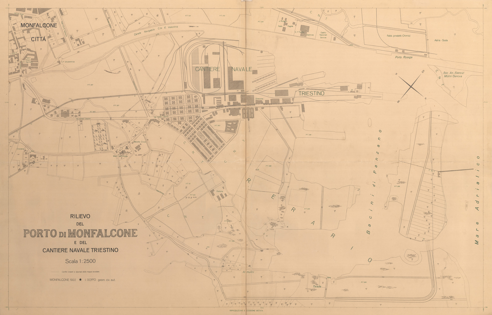 (N:36393) RILIEVO DEL PORTO DI MONFALCONE E DEL CANTIERE NAVALE TRIESTINO (SE009522) Carte e stampe antiche: riproduzione a colori su carta (formato A1)