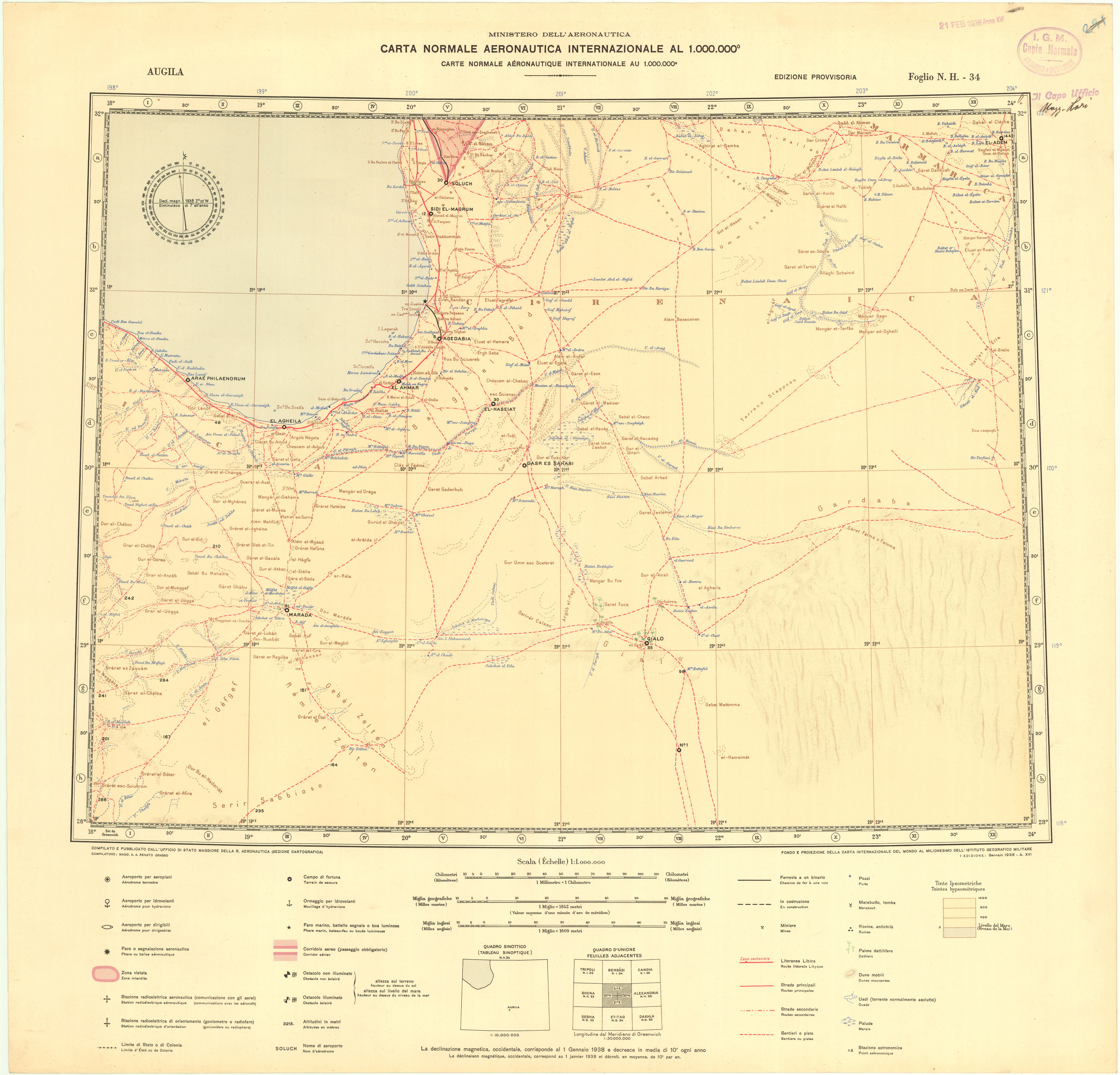 (N:36740) MILIONESIMO INTERNAZIONALE AERONAUTICO - ITALIA E LIBIA - FOGLIO NH 34 AUGILA (SE009564) Carte e stampe antiche: riproduzione a colori su carta (formato A1)