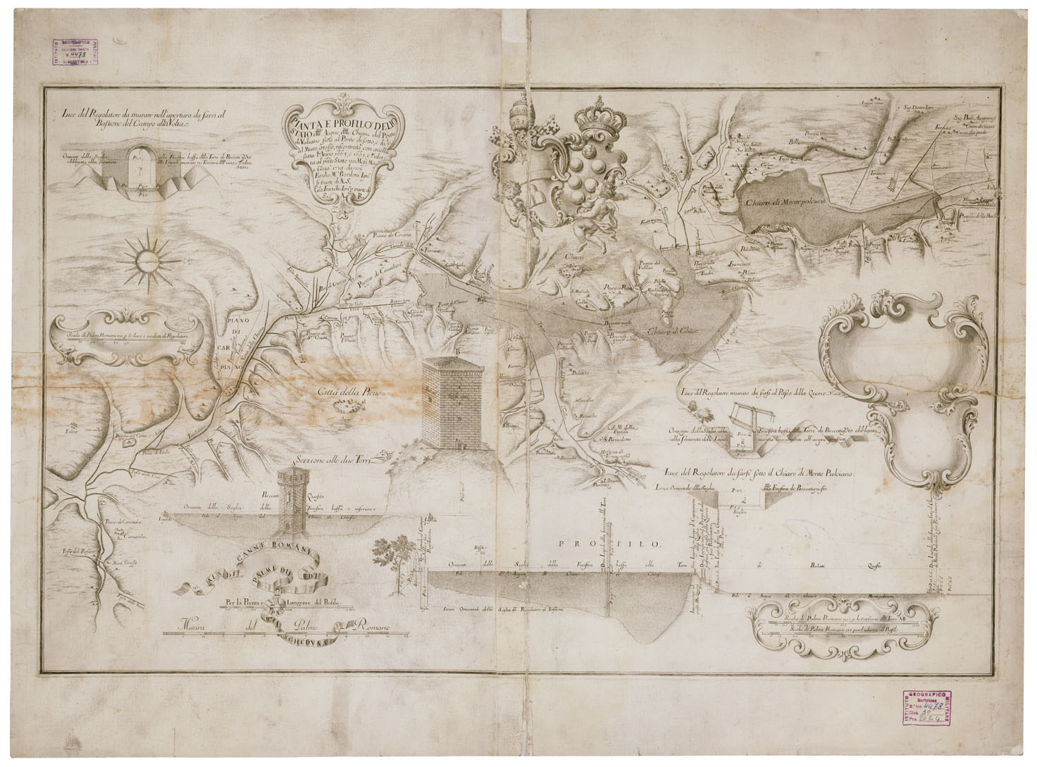 (N:13948) PIANTA E PROFILO DELLO STATO DELLE ACQUE DELLE CHIANE DAL PONTE DI VALIANO FINO AL PONTE DI SOTTO E DI LI AL MURO GROSSO - Val di Chiana (B0000094) Carte e stampe antiche: riproduzione a colori su carta (formato A1)