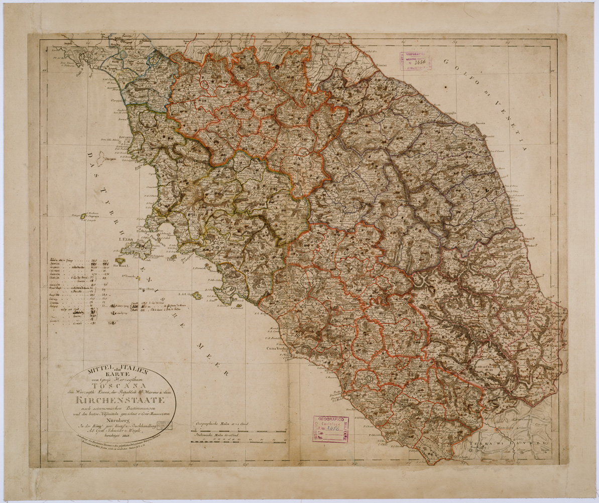 (N:12854) MITTEL ITALIEN ODER KARTE VON GROSS HERZOGTHUM TOSCANA DEM HERZOGTH LUCCA, DER REPUBLICK ST. MARINO U. DEM KIRCHENSTAATE NACH ASTRONOMISCHEN BESTIMMUNGEN UND DEN BESTEN HILFSMITTELN, ECC., ECC., BERICHTIGET - Toscana, Lazio, Calabria, Marche, Abruzzo (B0000155) Carte e stampe antiche: riproduzione a colori su carta (formato A1)