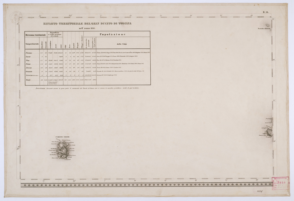 (N:8134) CARTA TOPOGRAFICA DELLO STATO PONTIFICIO E DEL GRAN-DUCATO DI TOSCANA - Isola di Montecristo -Tavola D. 14 (B0000215) Carte e stampe antiche: riproduzione a colori su carta (formato A1)