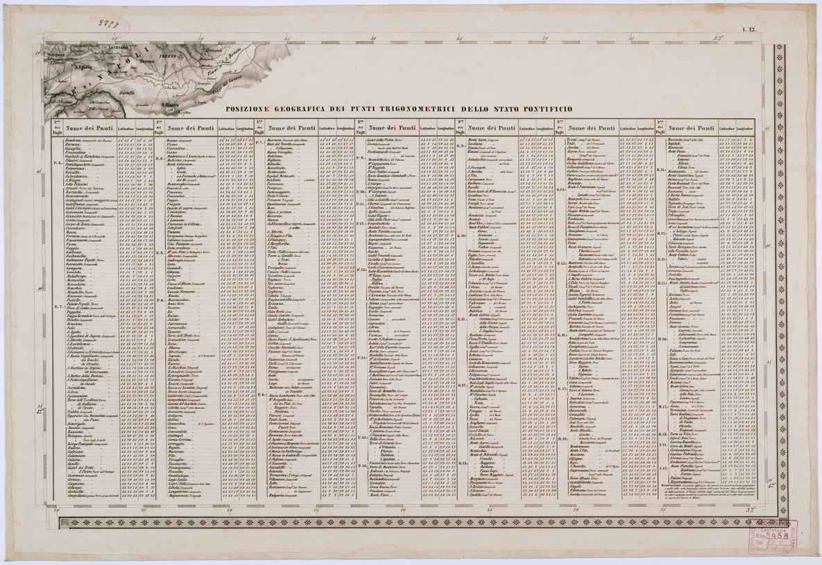 (N:8175) CARTA TOPOGRAFICA DELLO STATO PONTIFICIO E DEL GRAN-DUCATO DI TOSCANA - Tavola I. 13 - Punti trigonometrici (B0000235) Carte e stampe antiche: riproduzione a colori su carta (formato A1)