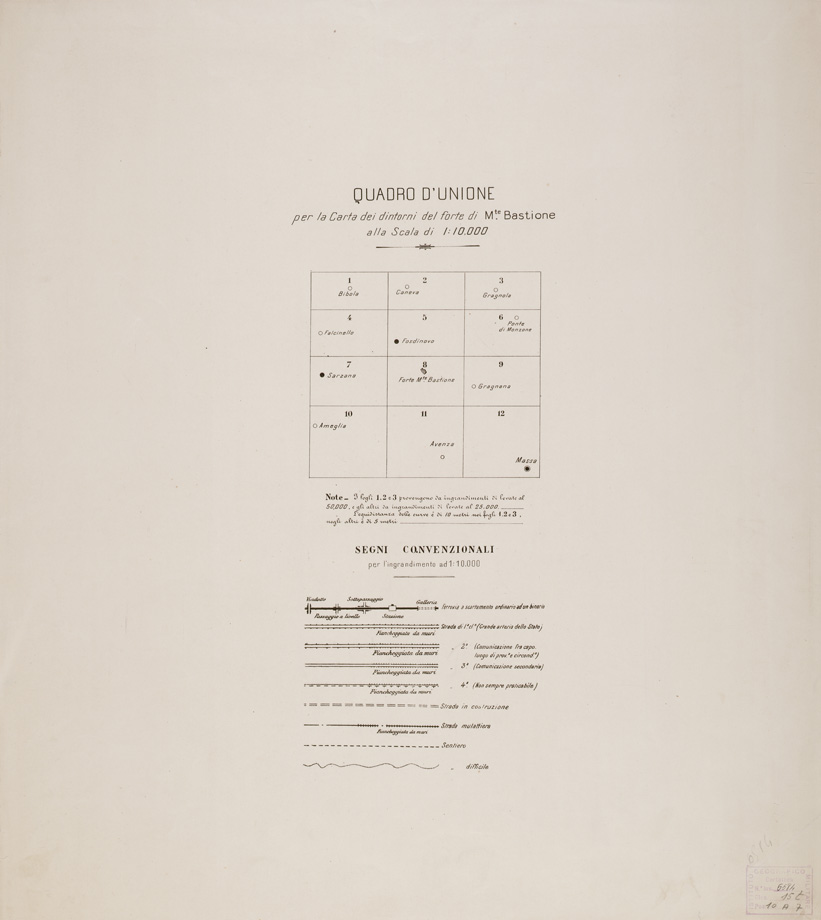 (N:1463) CARTA DEI DINTORNI DEL FORTE DI MONTE BASTIONE - Quadro d'unione (B0000392) Carte e stampe antiche: riproduzione a colori su carta (formato A1)
