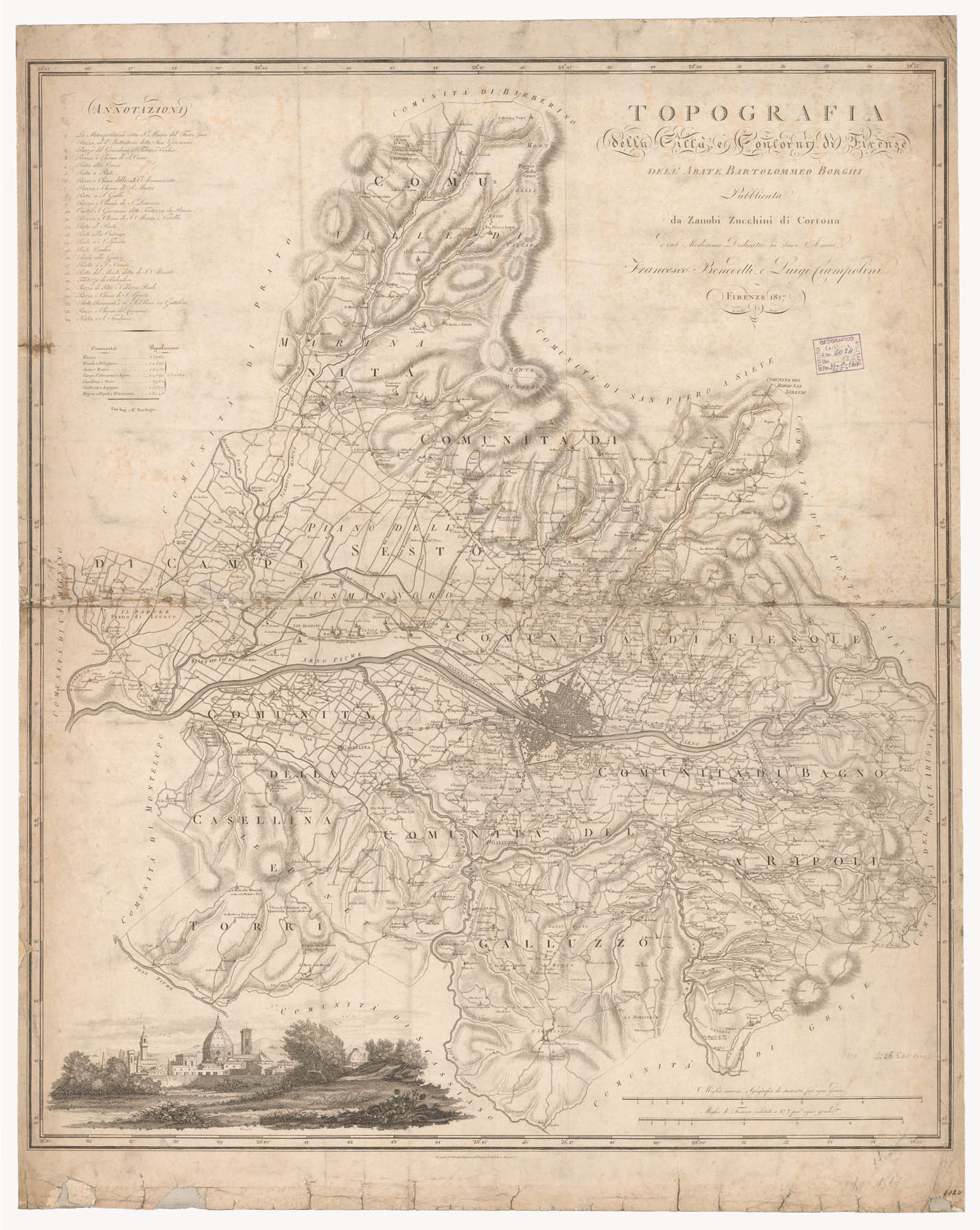 (N:13072) TOPOGRAFIA DELLA CITTA' E CONTORNI DI FIRENZE DELL'ABATE BARTOLOMMEO BORGHI (B0000407) Carte e stampe antiche: riproduzione a colori su carta (formato A1)