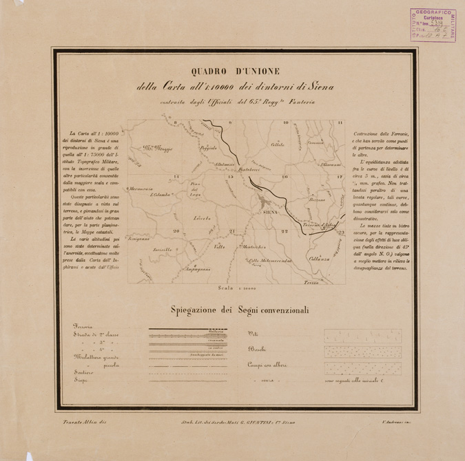 (N:1598) CARTA DEI DINTORNI DI SIENA COSTRUITA DAGLI UFFICIALI DEL 65 REGG.TO FANTERIA - Quadro d'unione (B0000425) Carte e stampe antiche: riproduzione a colori su carta (formato A1)