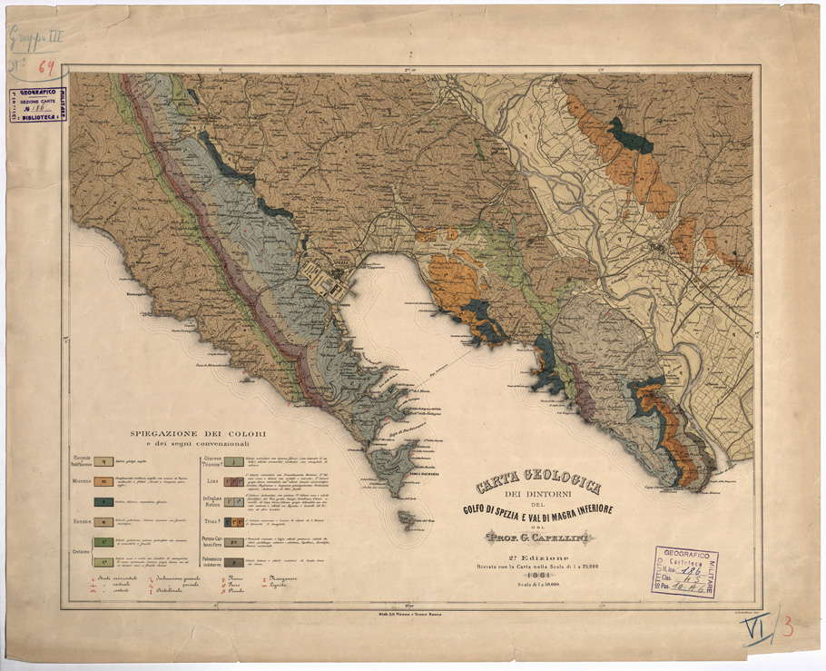 (N:5042) CARTA GEOLOGICA DEI DINTORNI DEL GOLFO DI SPEZIA E VAL DI MAGRA INFERIORE (B0000742) Carte e stampe antiche: riproduzione a colori su carta (formato A1)