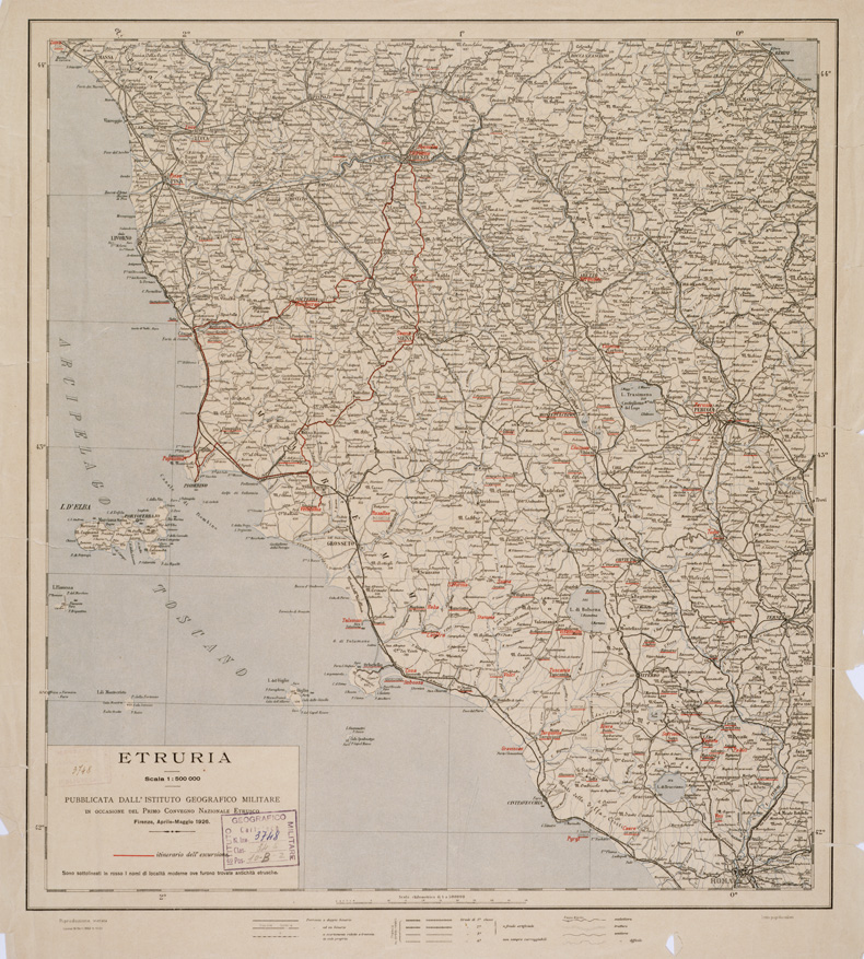 (N:9826) ETRURIA PUBBLICATA DALL'I.G.M. IN OCCASIONE DEL 1 CONVEGNO ETRUSCO. (B0000758) Carte e stampe antiche: riproduzione a colori su carta (formato A1)