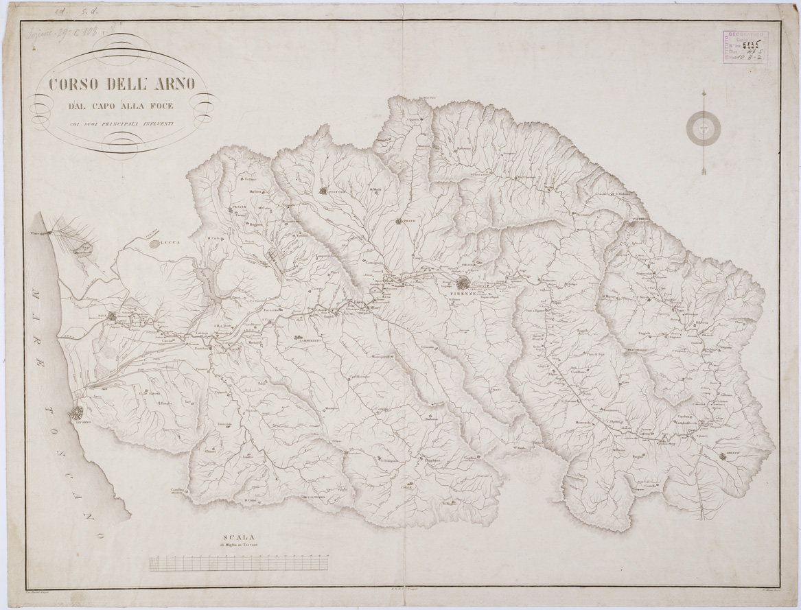 (N:9208) CORSO DELL'ARNO DAL CAPO ALLA FOCE COI SUOI PRINCIPALI INFLUENTI. (B0000772) Carte e stampe antiche: riproduzione a colori su carta (formato A1)