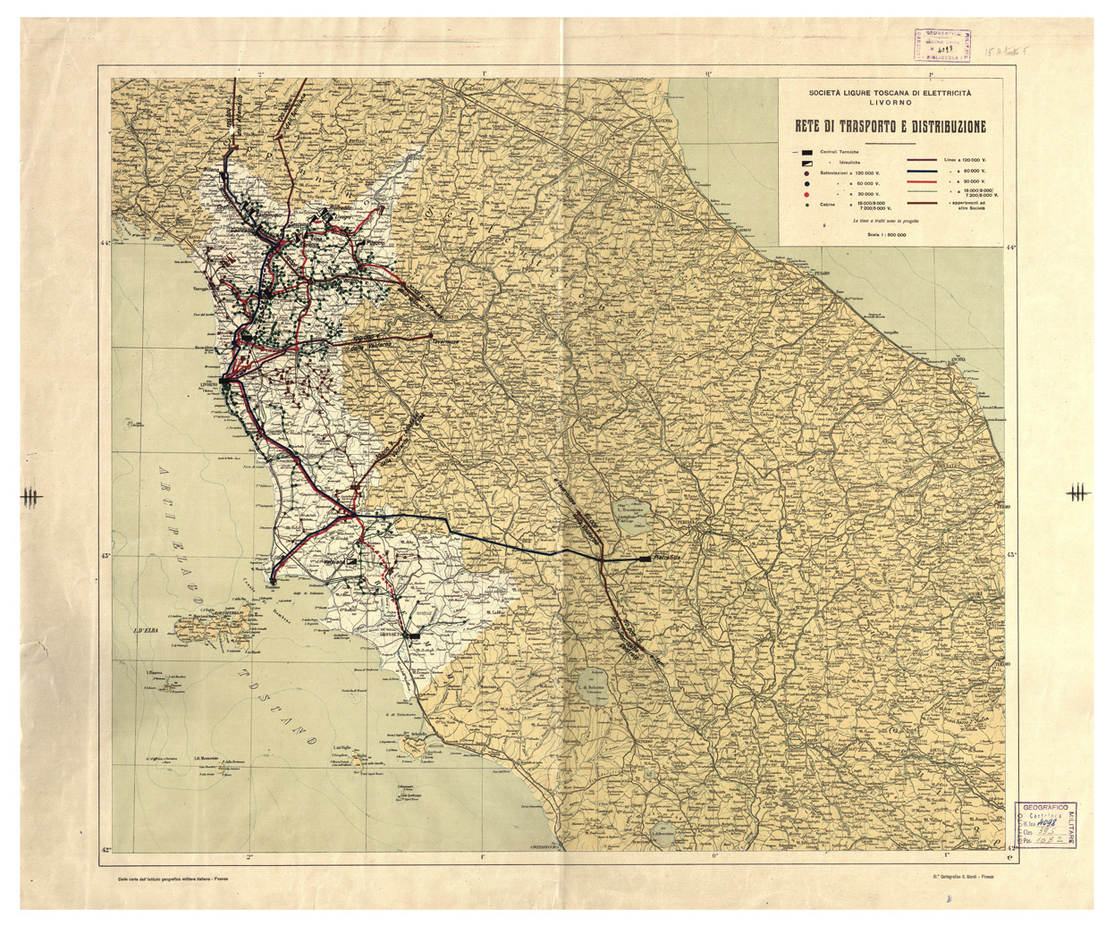(N:3840) CARTA DELLE LINEE DELLA SOCIETA' LIGURE TOSCANA DI ELETTRICITA' - LIVORNO RETE DI TRASPORTO E DISTRIBUZIONE (B0000773) Carte e stampe antiche: riproduzione a colori su carta (formato A1)
