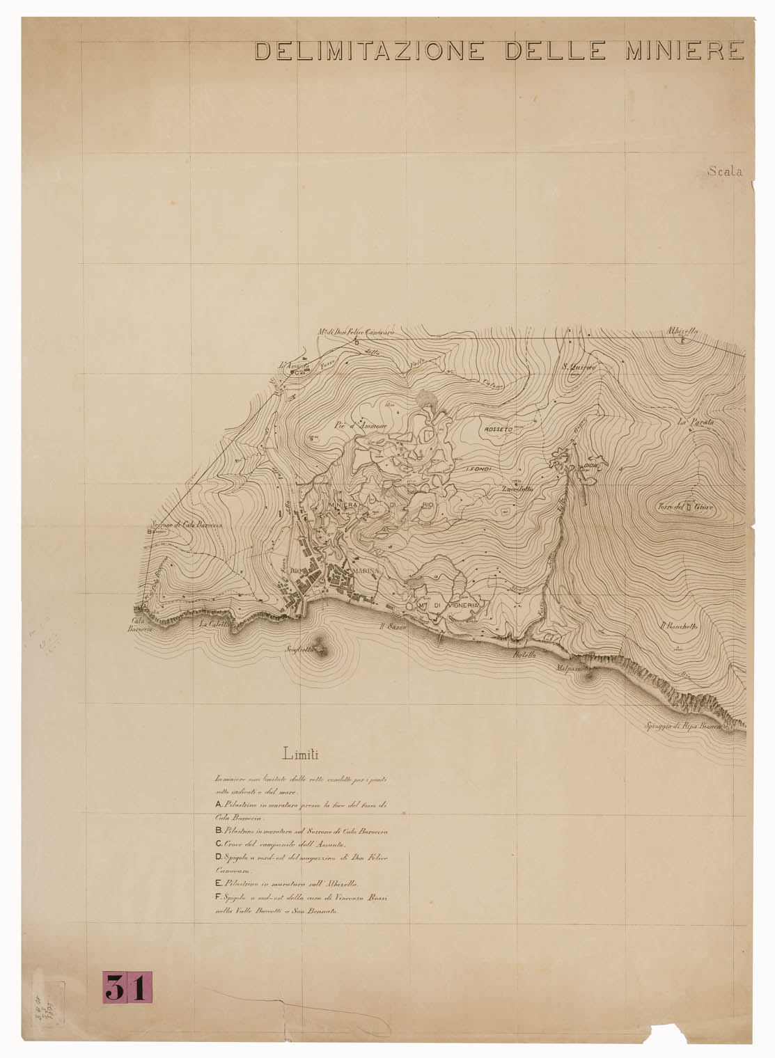 (N:9305) DELIMITAZIONE DELLA MINIERA DI RIO VIGNERIA E RIO ALBANO - Tavola 2 (B0000790) Carte e stampe antiche: riproduzione a colori su carta (formato A1)